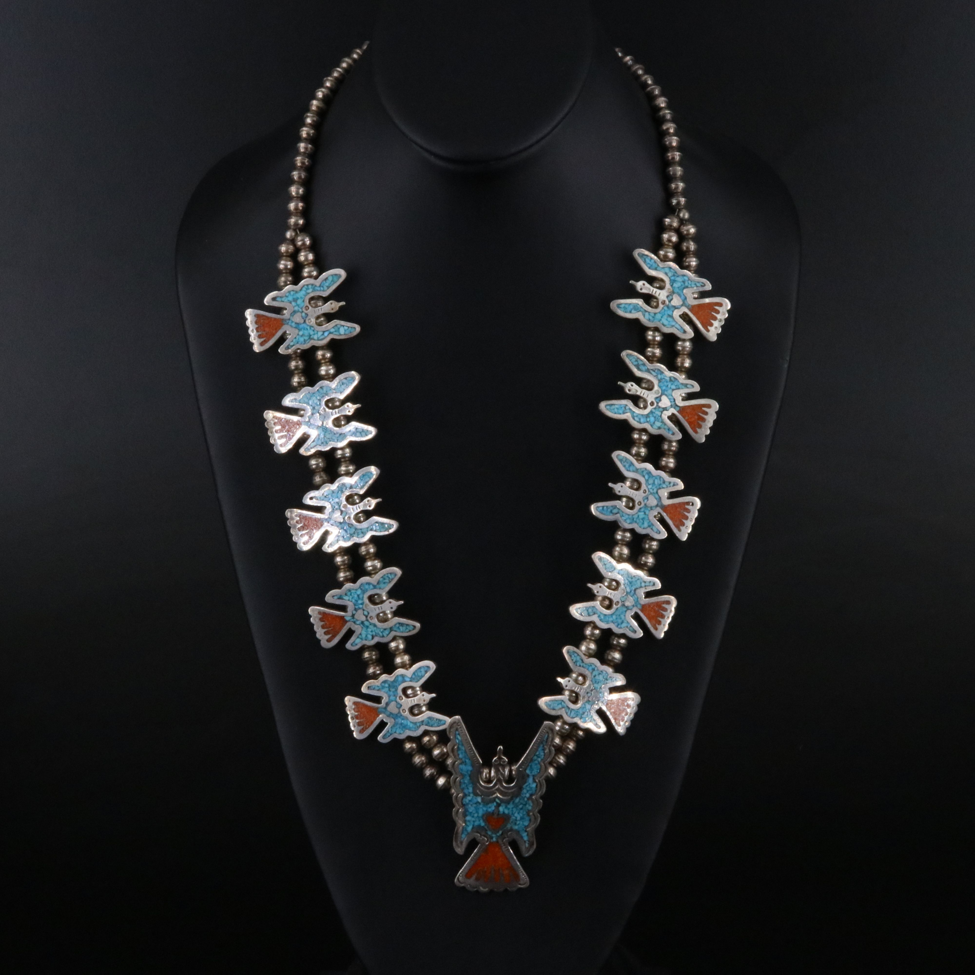 Southwestern Sterling Inlay Turquoise and Coral Peyote Bird Necklace