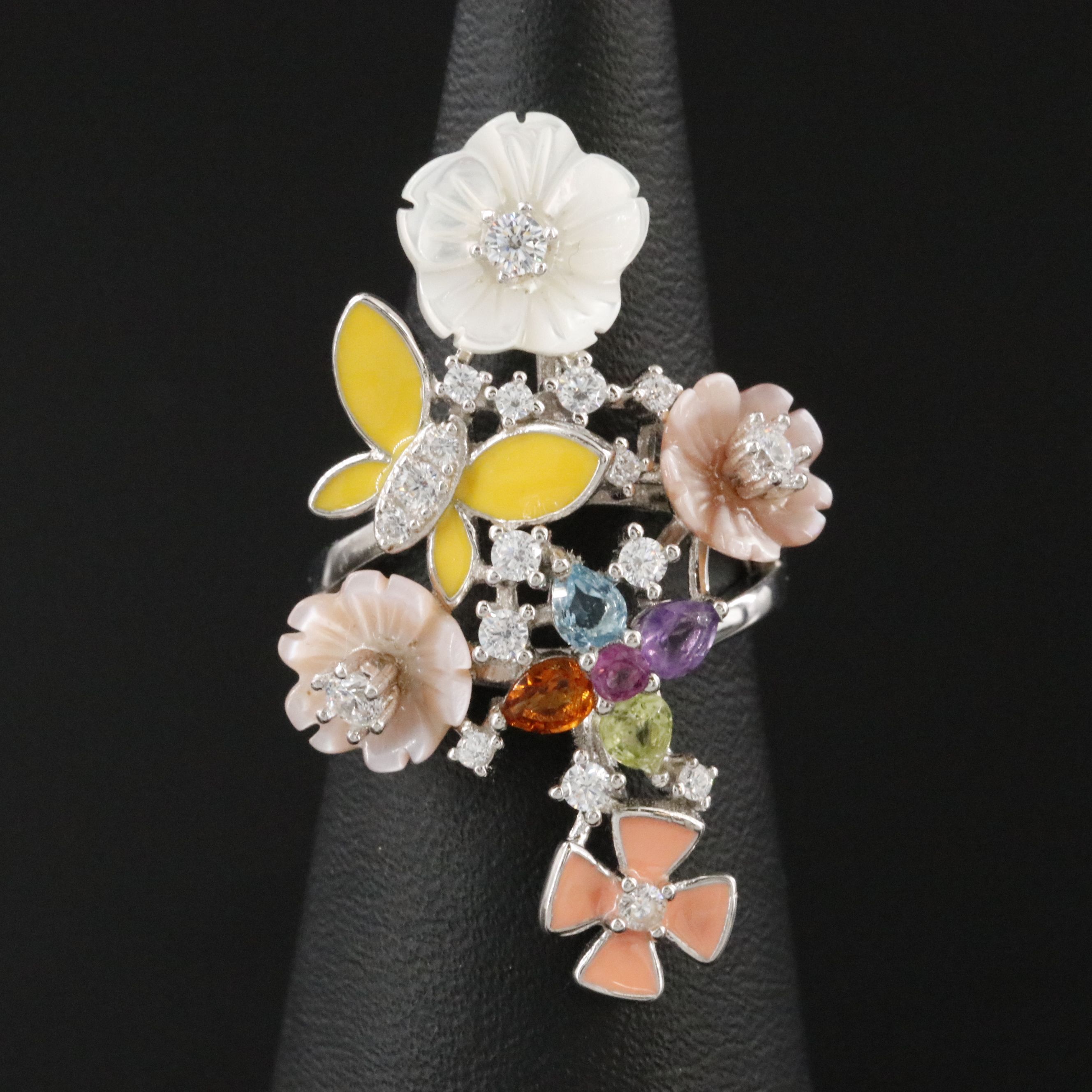 Sterling Floral Ring Featuring Mother-of-Pearl, Amethyst and CZ