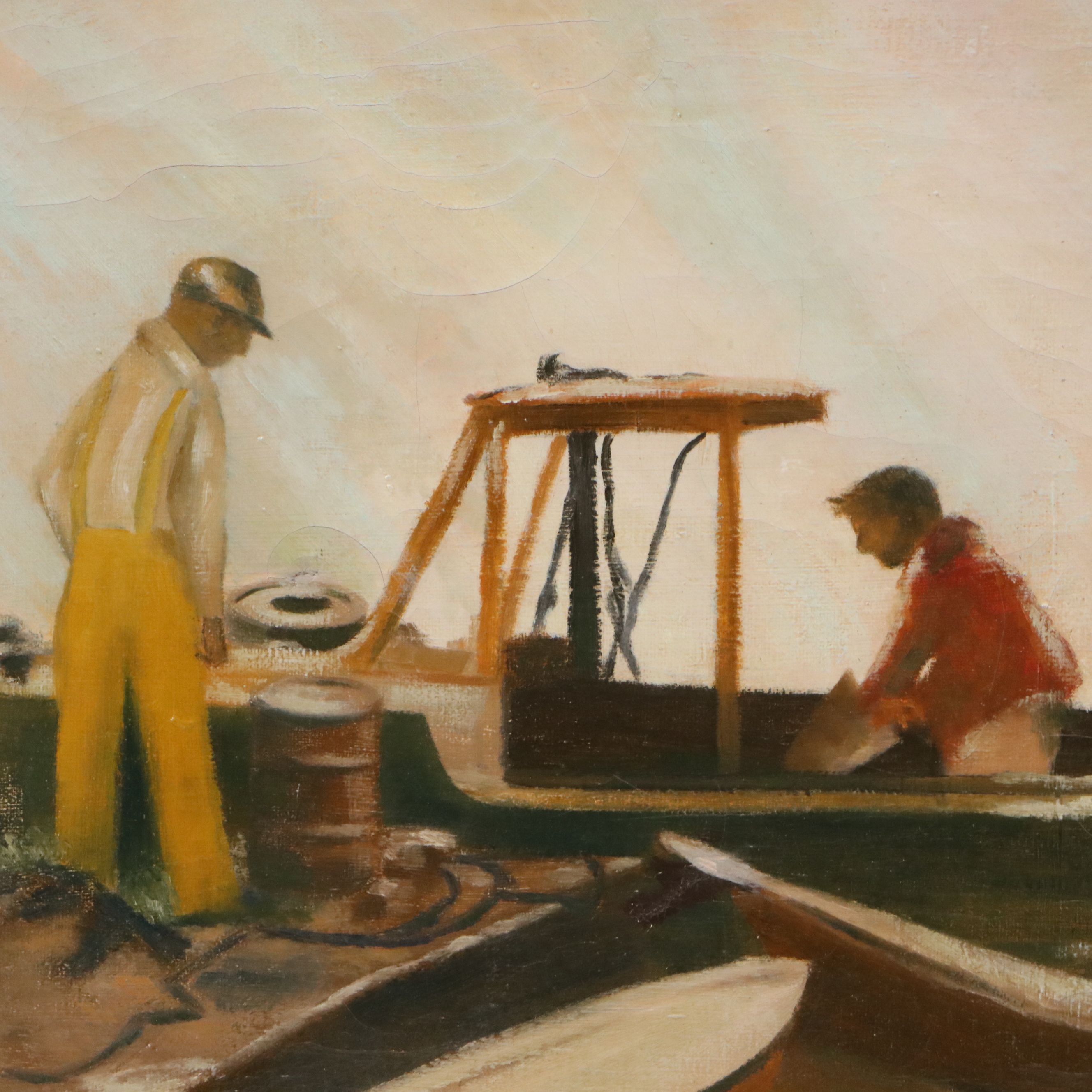 Reginald Grooms Oil Painting "Fisherman & Boats," 20th Century