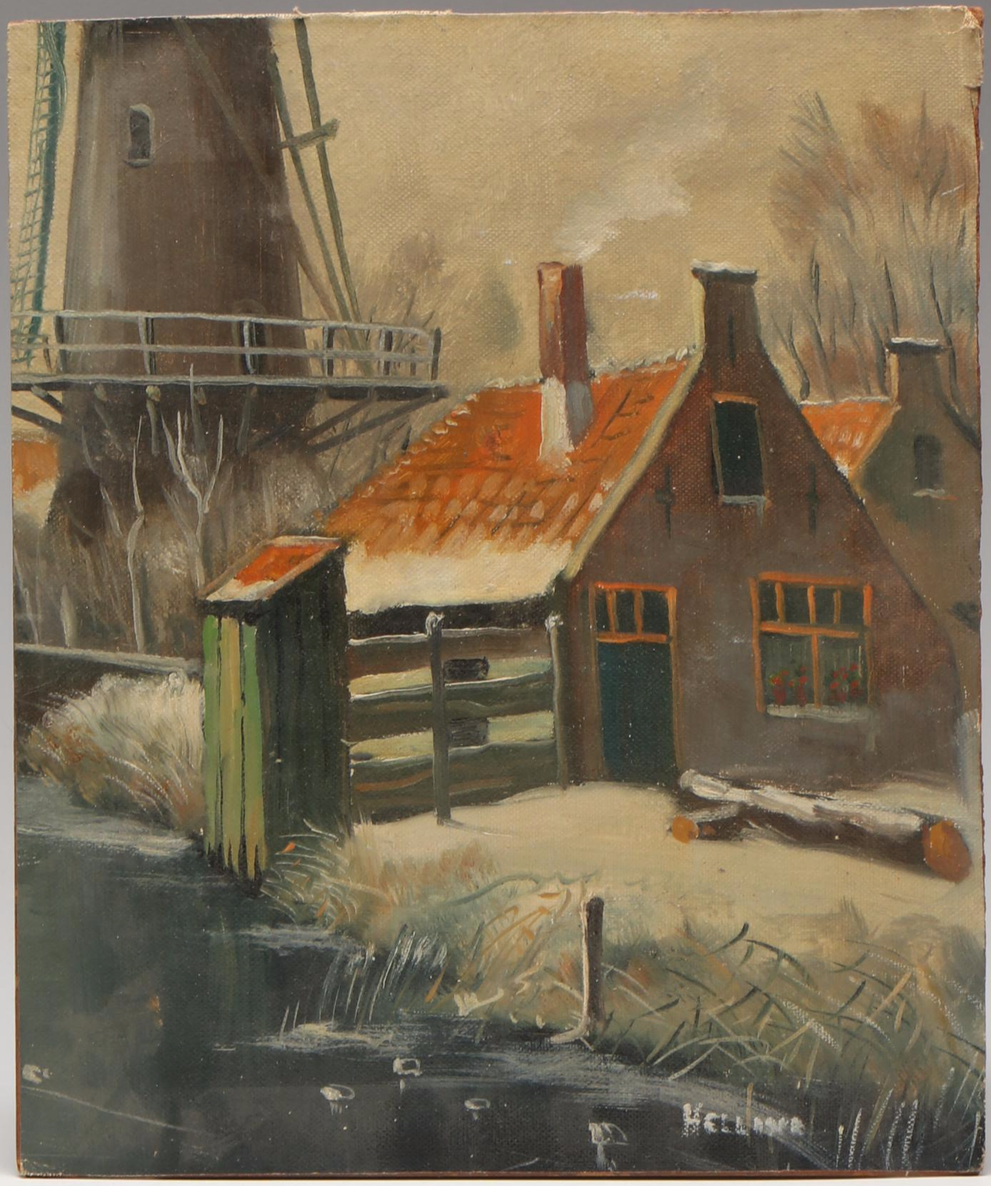 Oil Painting of Country Home with Grain Silo, Circa Early 20th Century