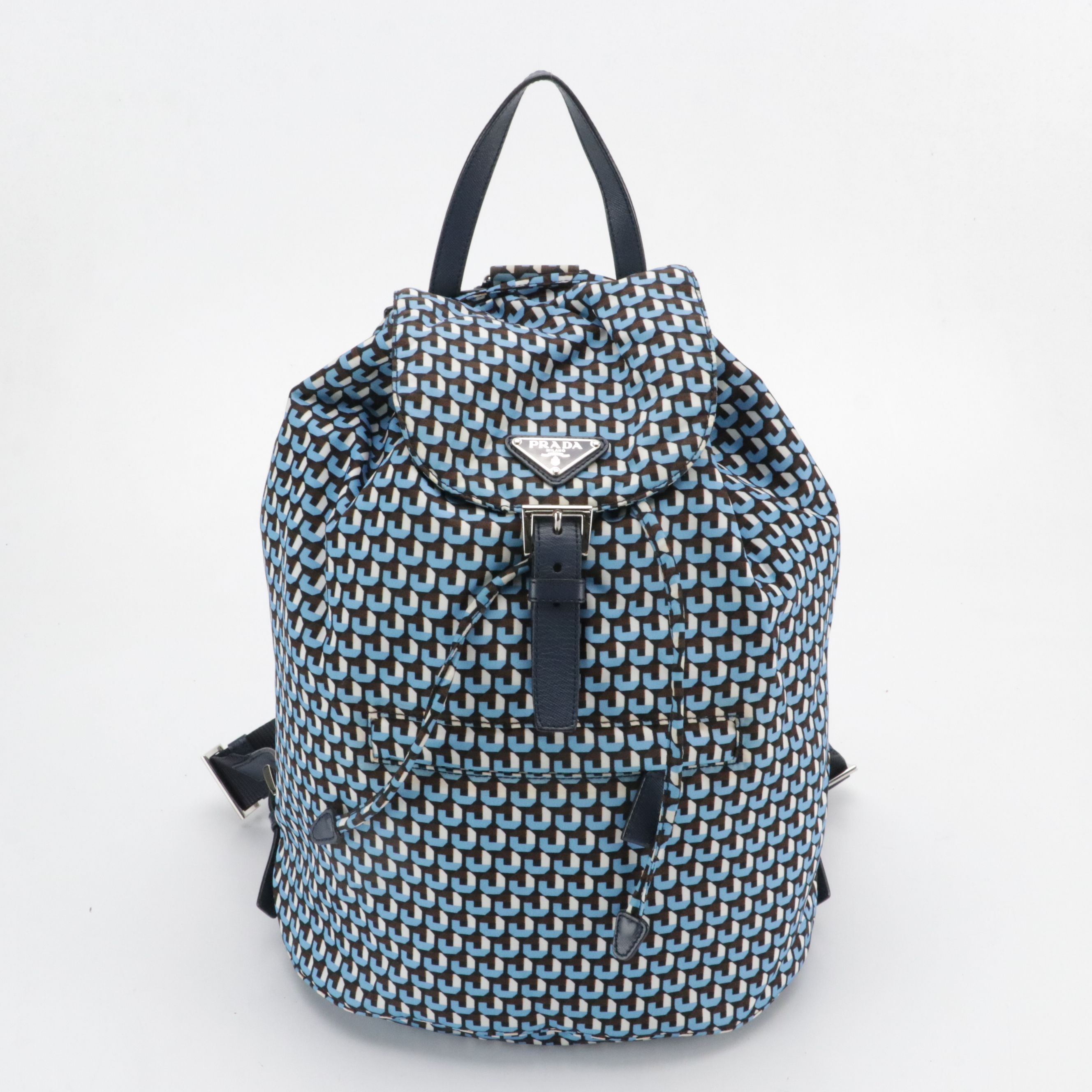 Prada Drawstring Backpack in Stampato Tessuto Nylon and Navy Saffiano Leather