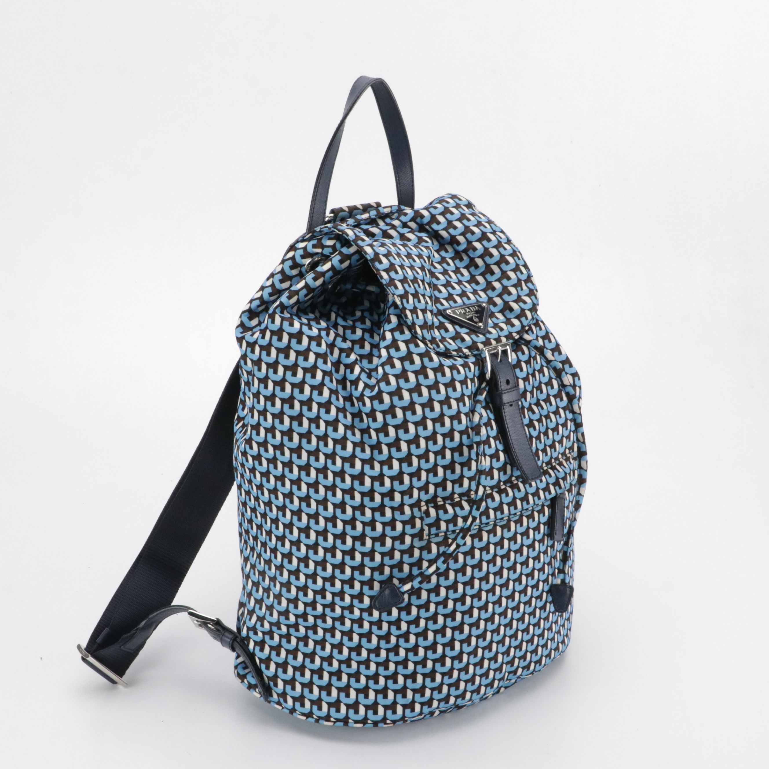 Prada Drawstring Backpack in Stampato Tessuto Nylon and Navy Saffiano Leather