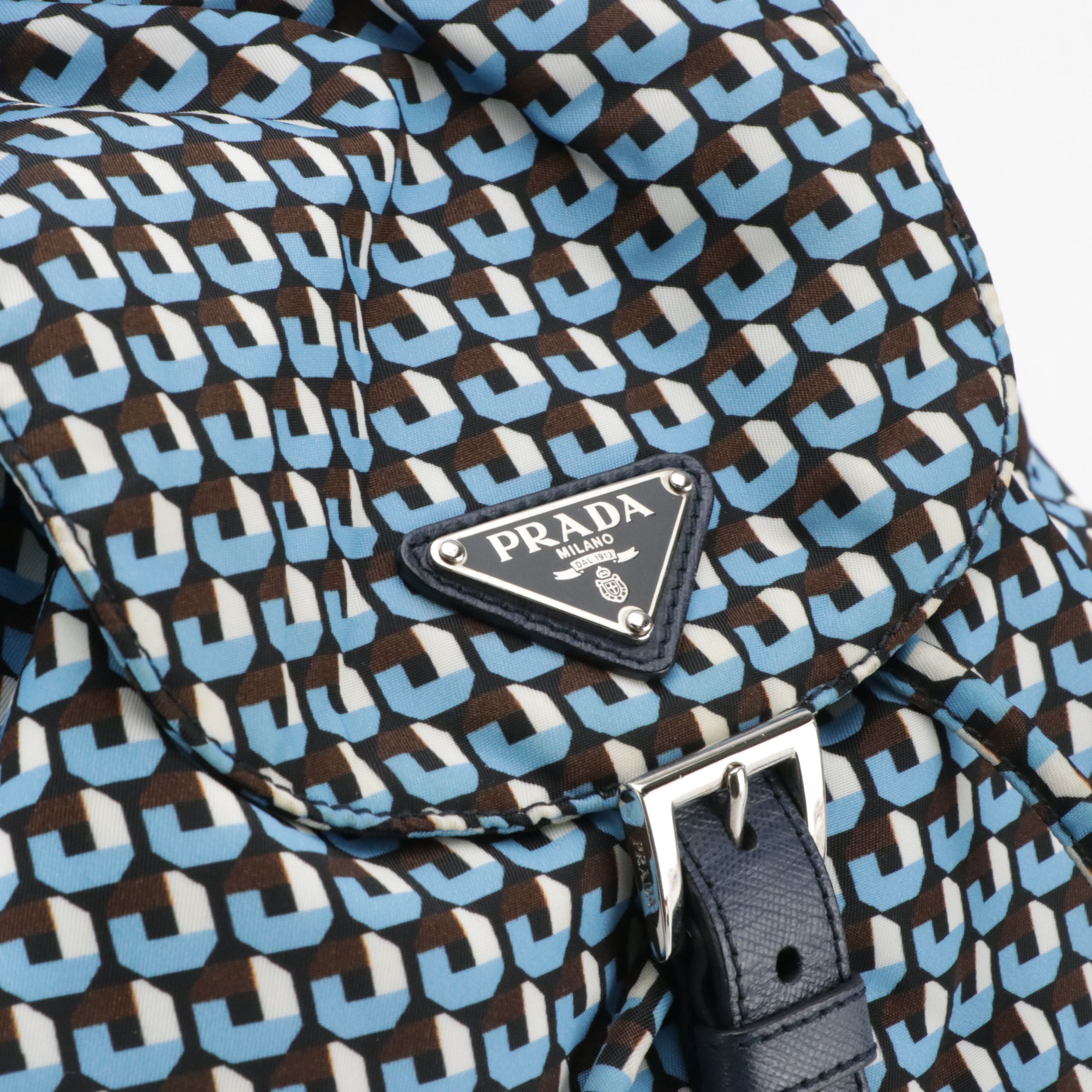 Prada Drawstring Backpack in Stampato Tessuto Nylon and Navy Saffiano Leather