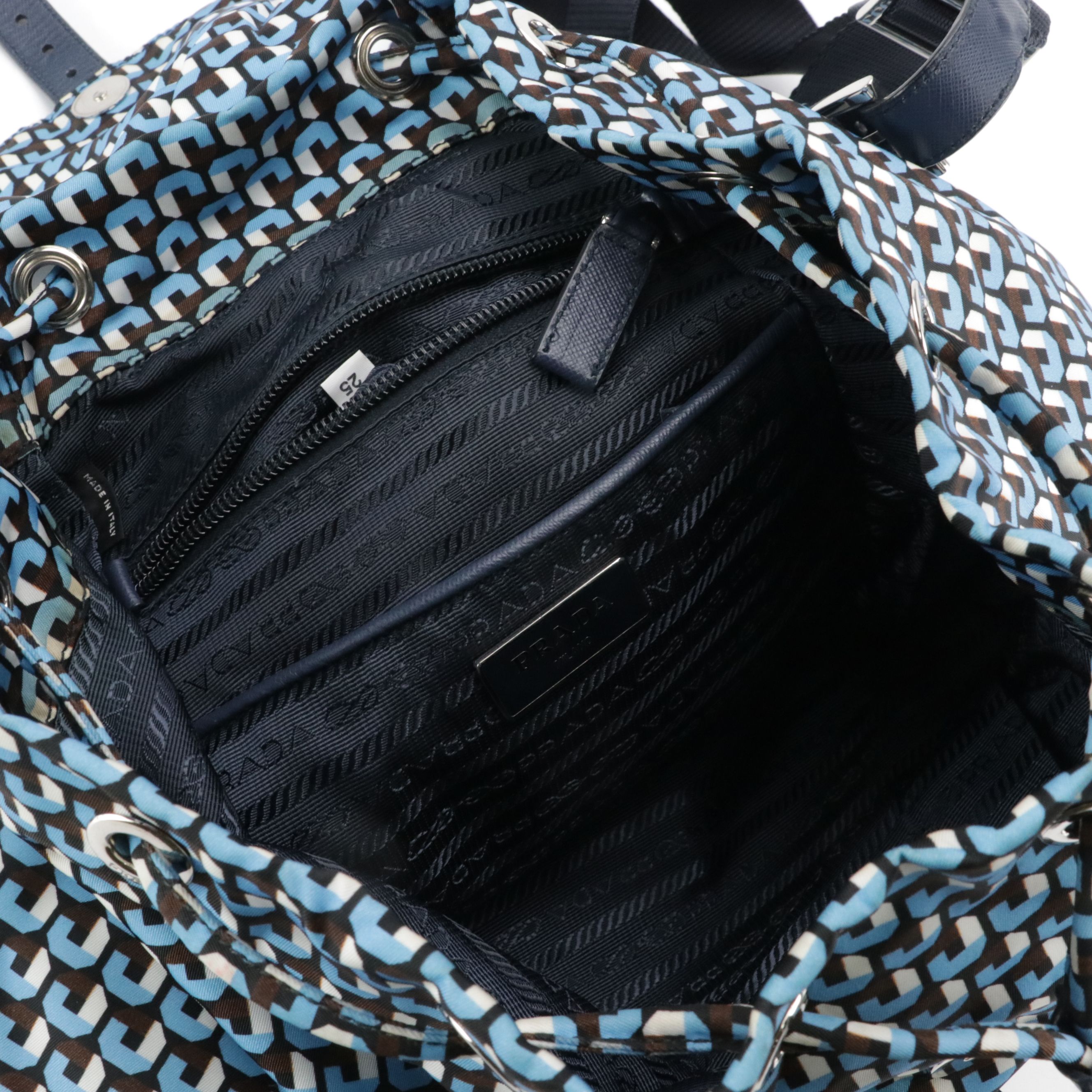 Prada Drawstring Backpack in Stampato Tessuto Nylon and Navy Saffiano Leather
