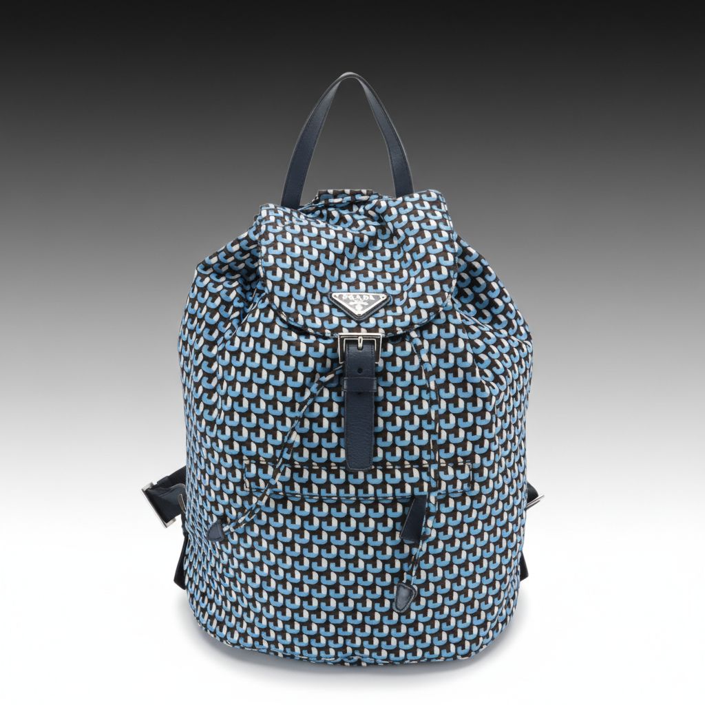 Prada Drawstring Backpack in Stampato Tessuto Nylon and Navy Saffiano Leather
