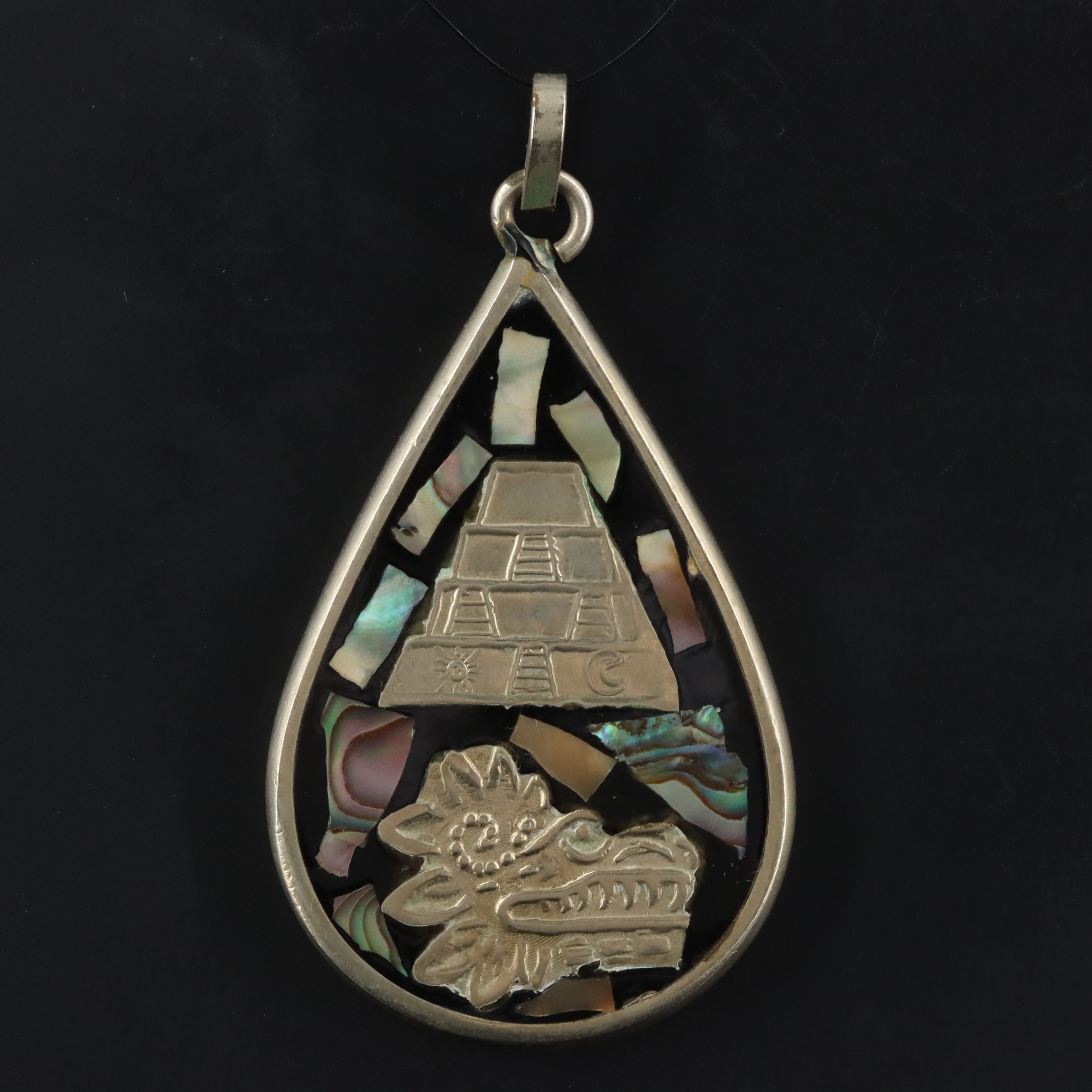 Mesoamerican Abalone and Resin Aztec Calendar and Quetzalcōātl Pendant