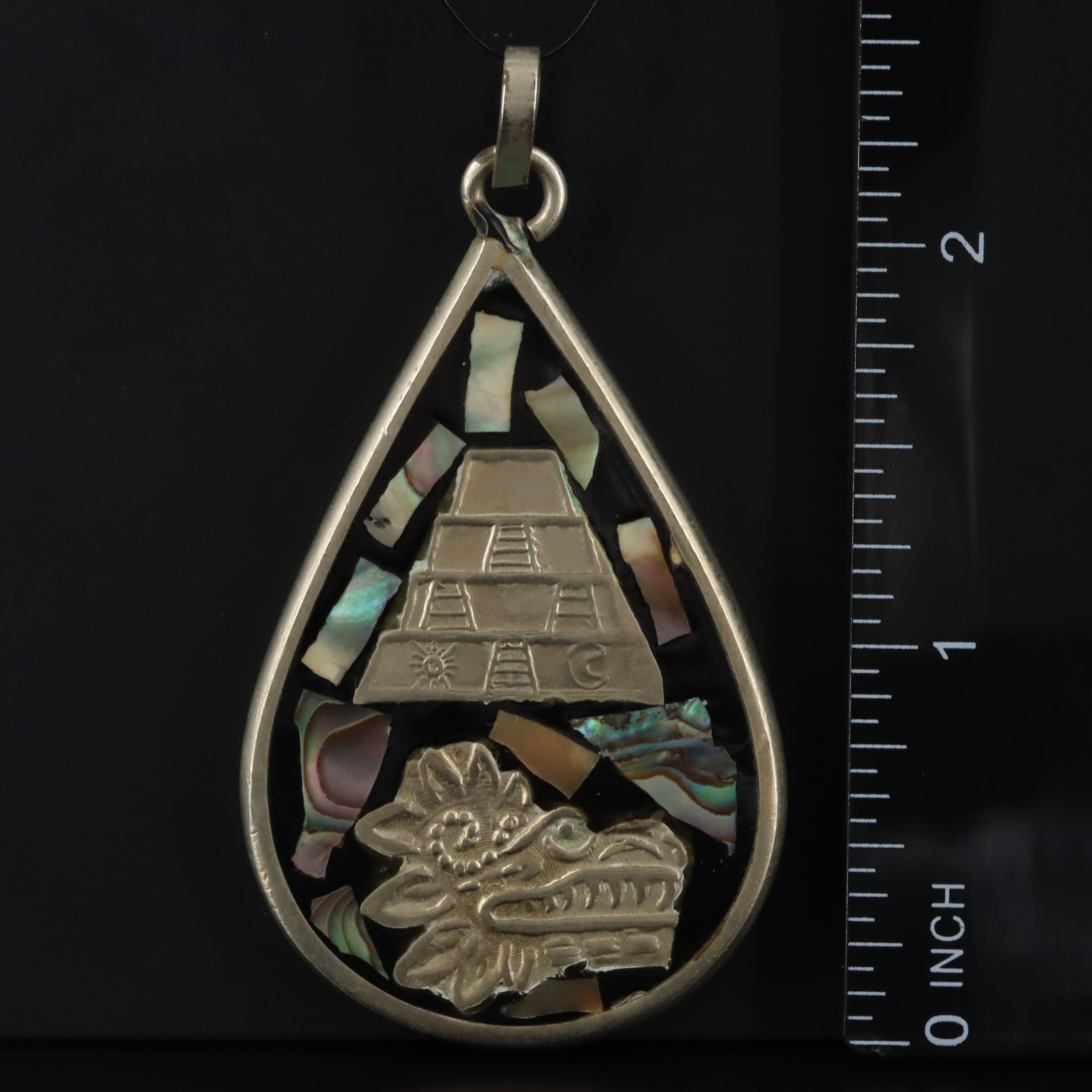 Mesoamerican Abalone and Resin Aztec Calendar and Quetzalcōātl Pendant