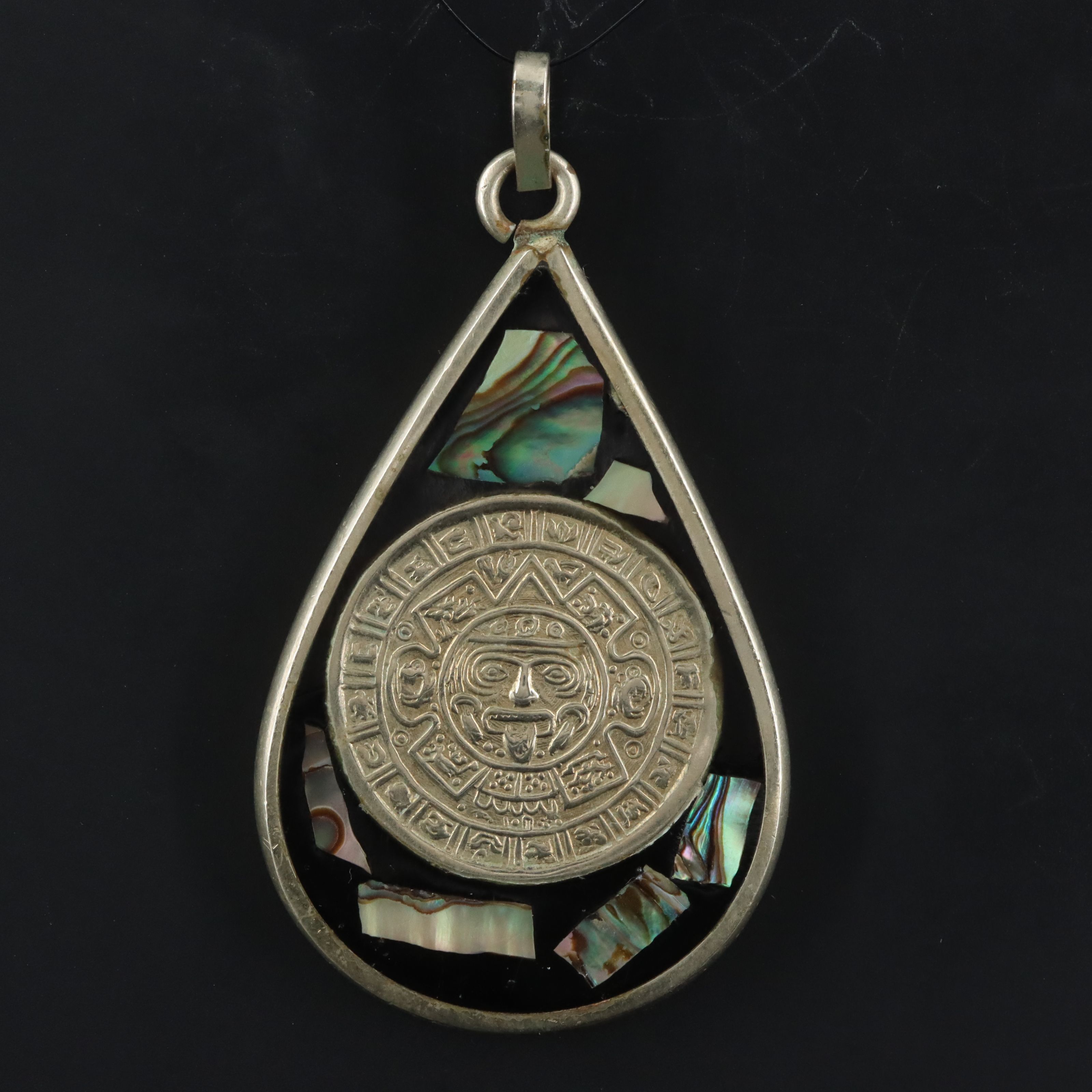 Mesoamerican Abalone and Resin Aztec Calendar and Quetzalcōātl Pendant
