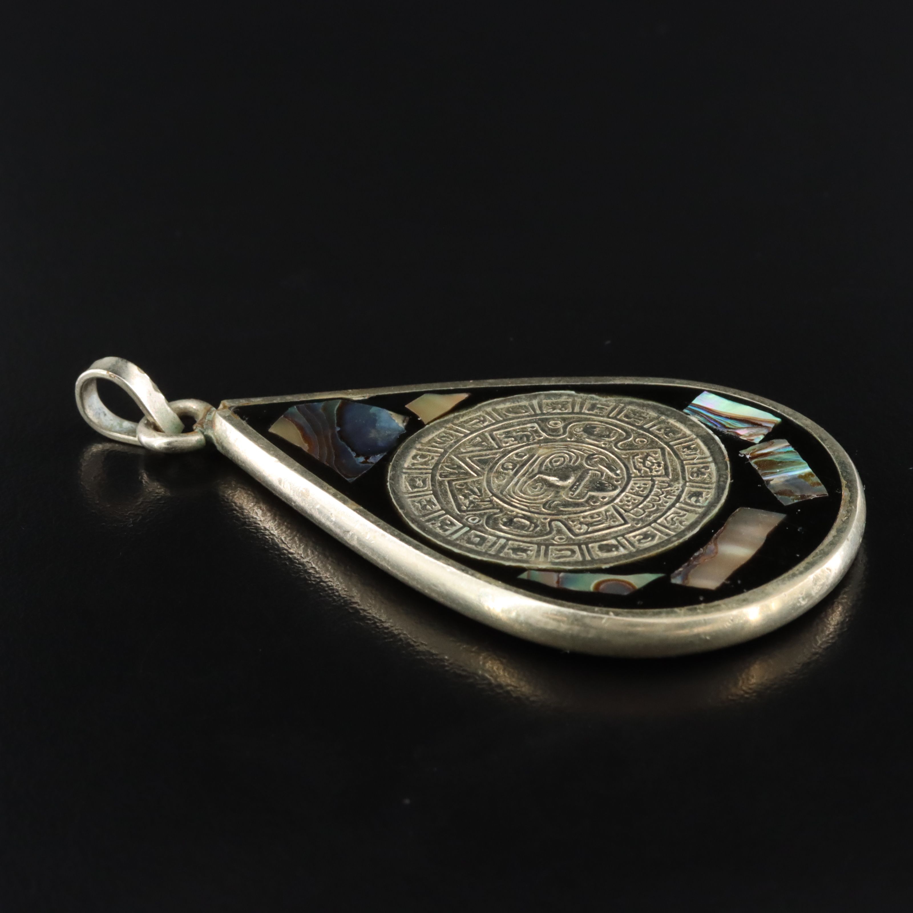 Mesoamerican Abalone and Resin Aztec Calendar and Quetzalcōātl Pendant