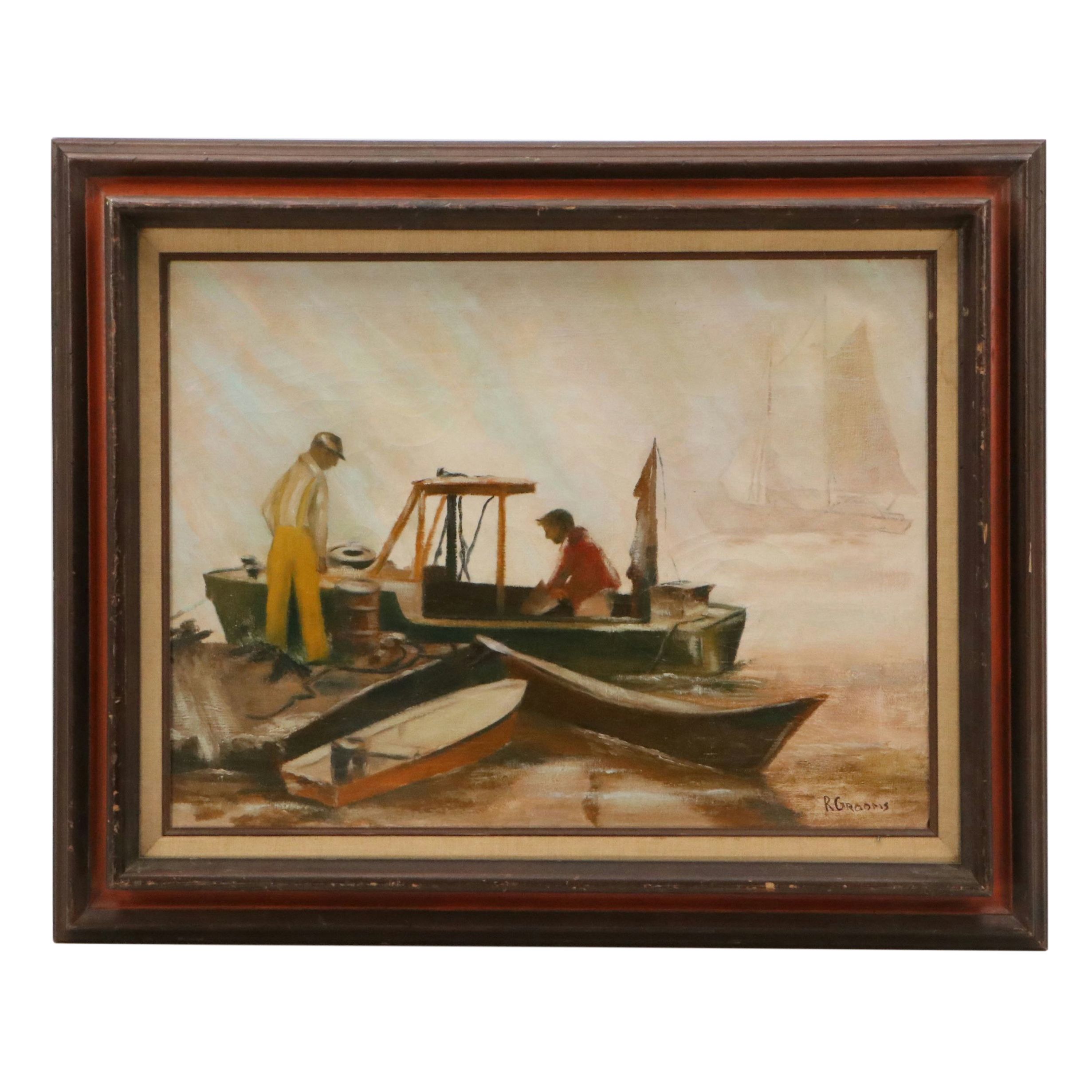 Reginald Grooms Oil Painting "Fisherman & Boats," 20th Century