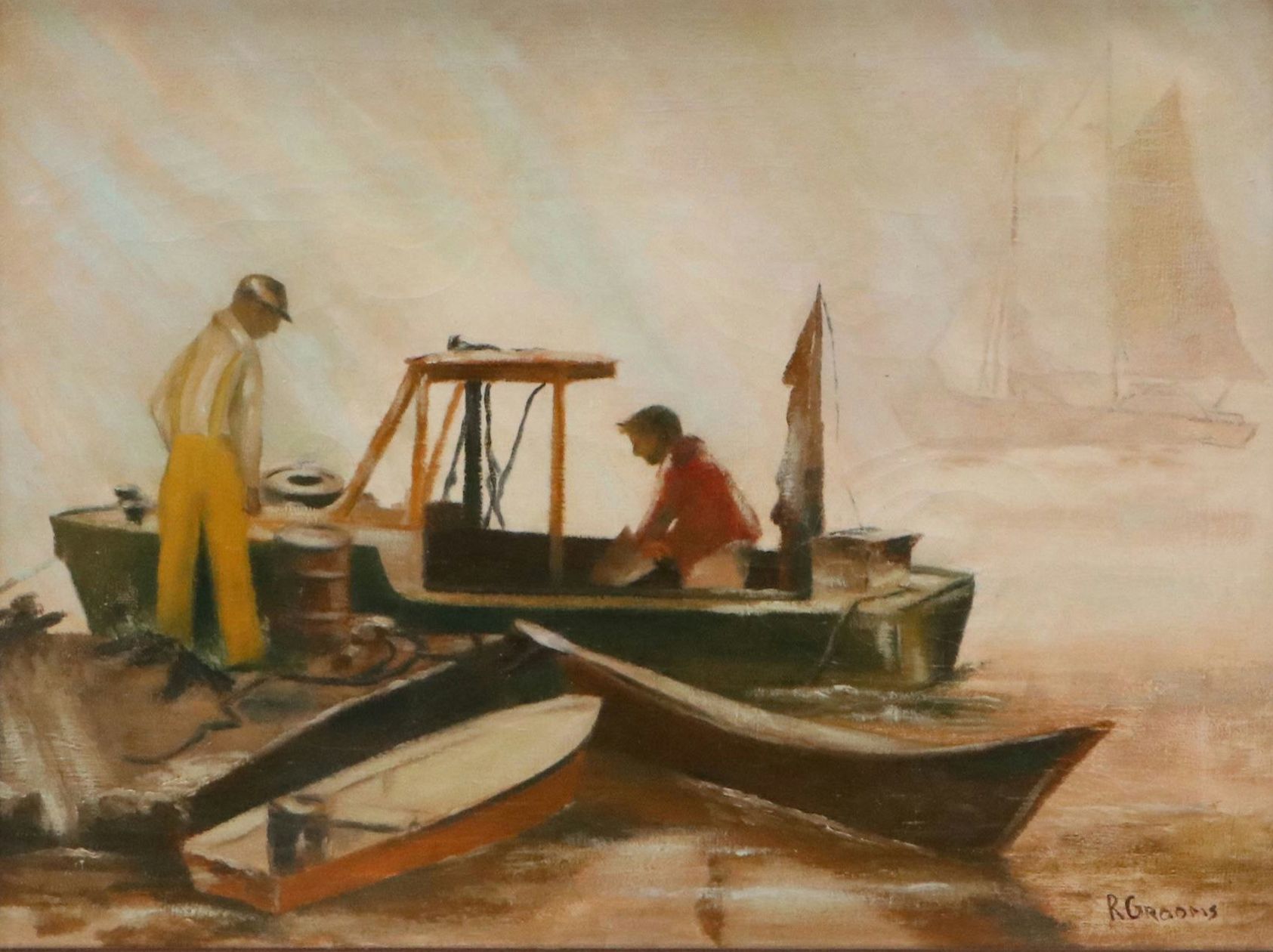 Reginald Grooms Oil Painting "Fisherman & Boats," 20th Century