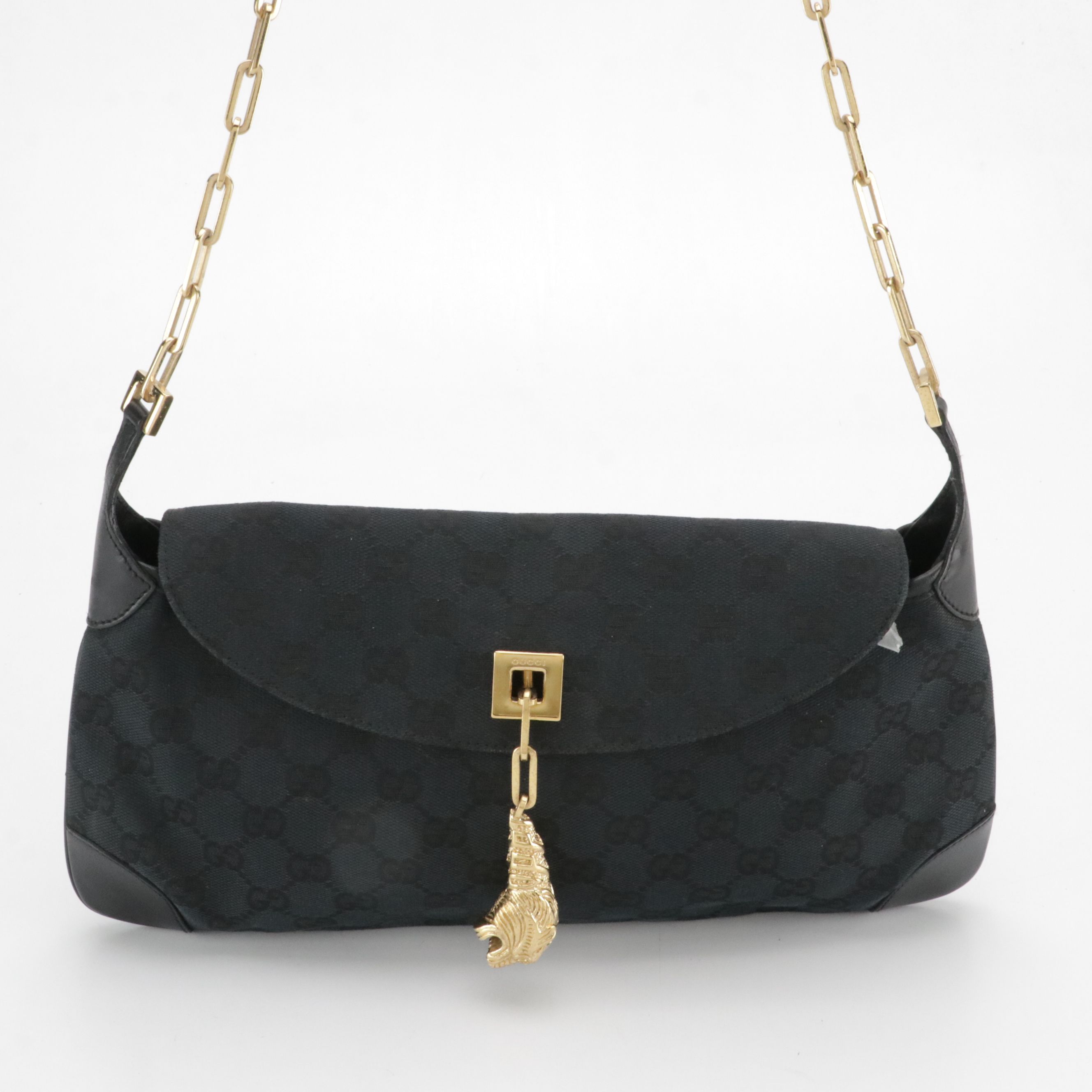 Gucci Tiger Charm Front-Flap Crossbody Bag in Black GG Canvas and Leather Trim