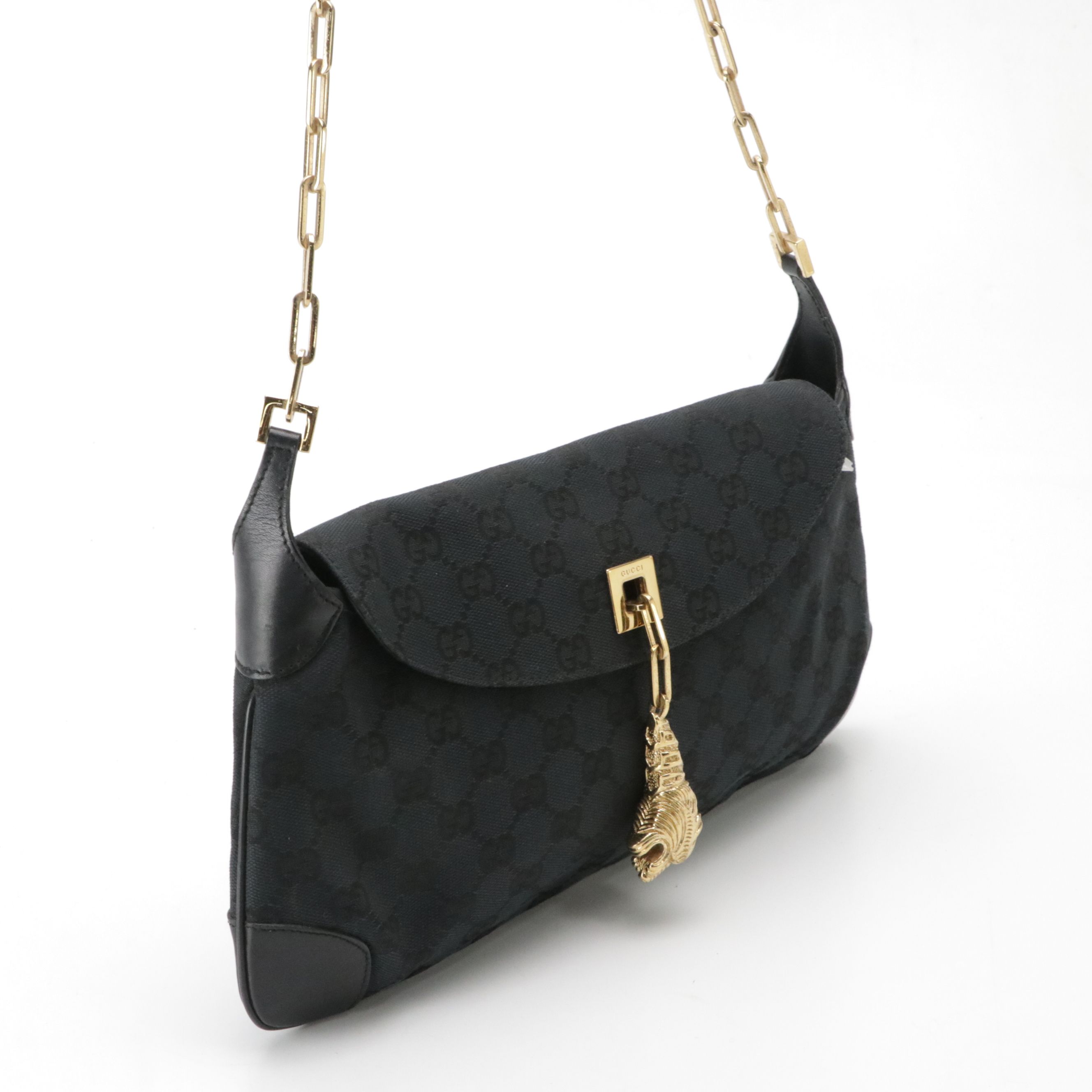 Gucci Tiger Charm Front-Flap Crossbody Bag in Black GG Canvas and Leather Trim