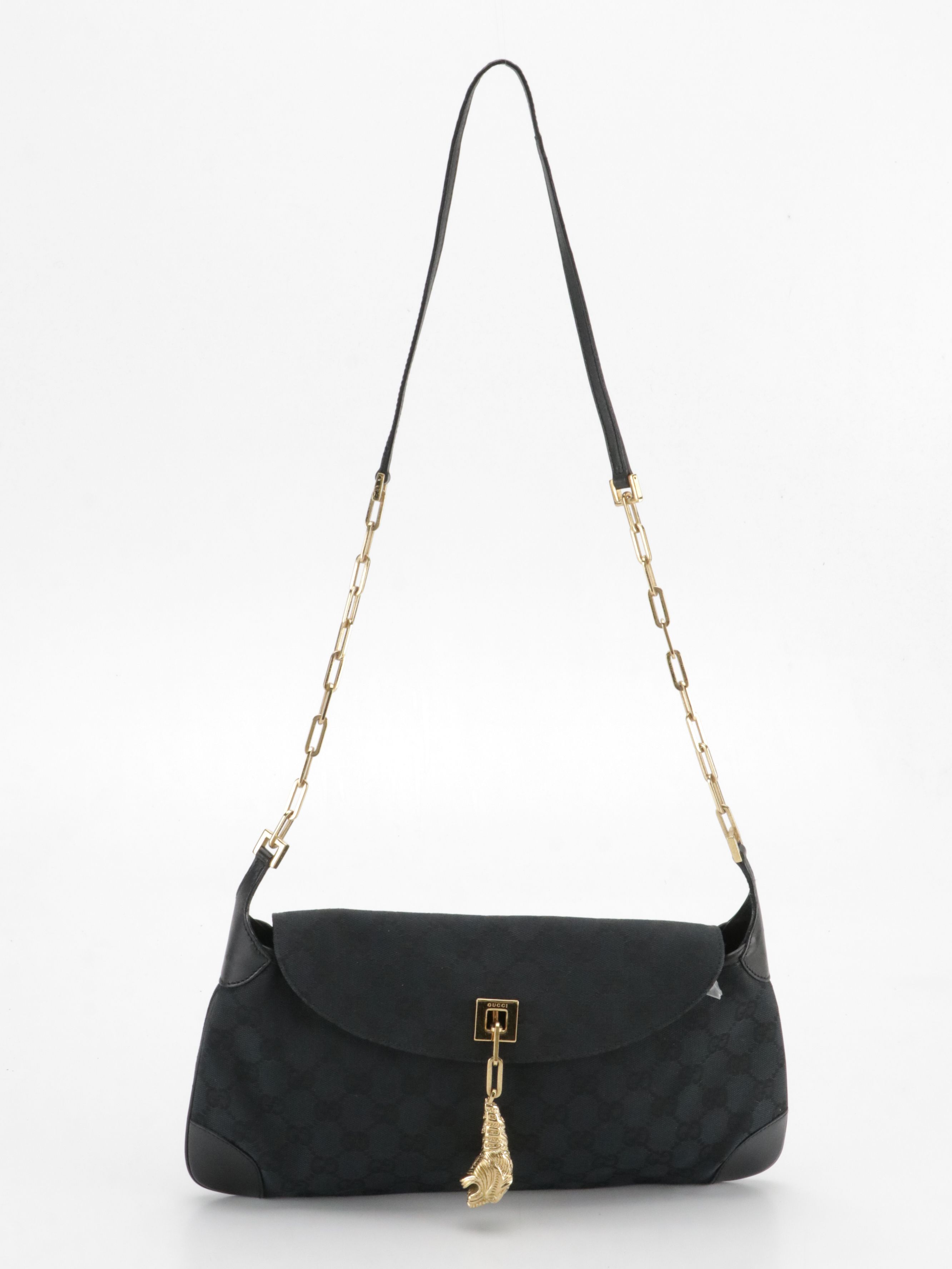 Gucci Tiger Charm Front-Flap Crossbody Bag in Black GG Canvas and Leather Trim