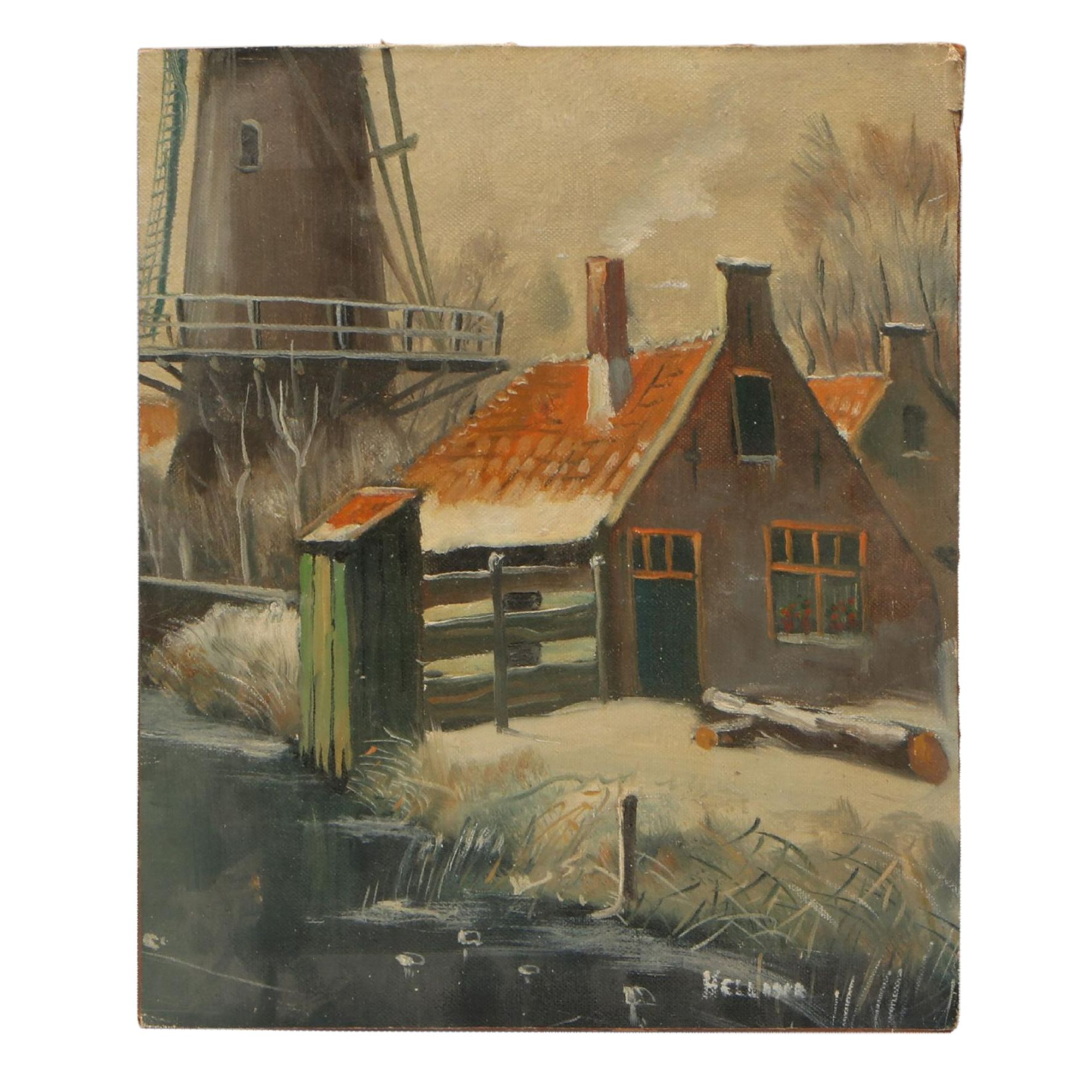 Oil Painting of Country Home with Grain Silo, Circa Early 20th Century