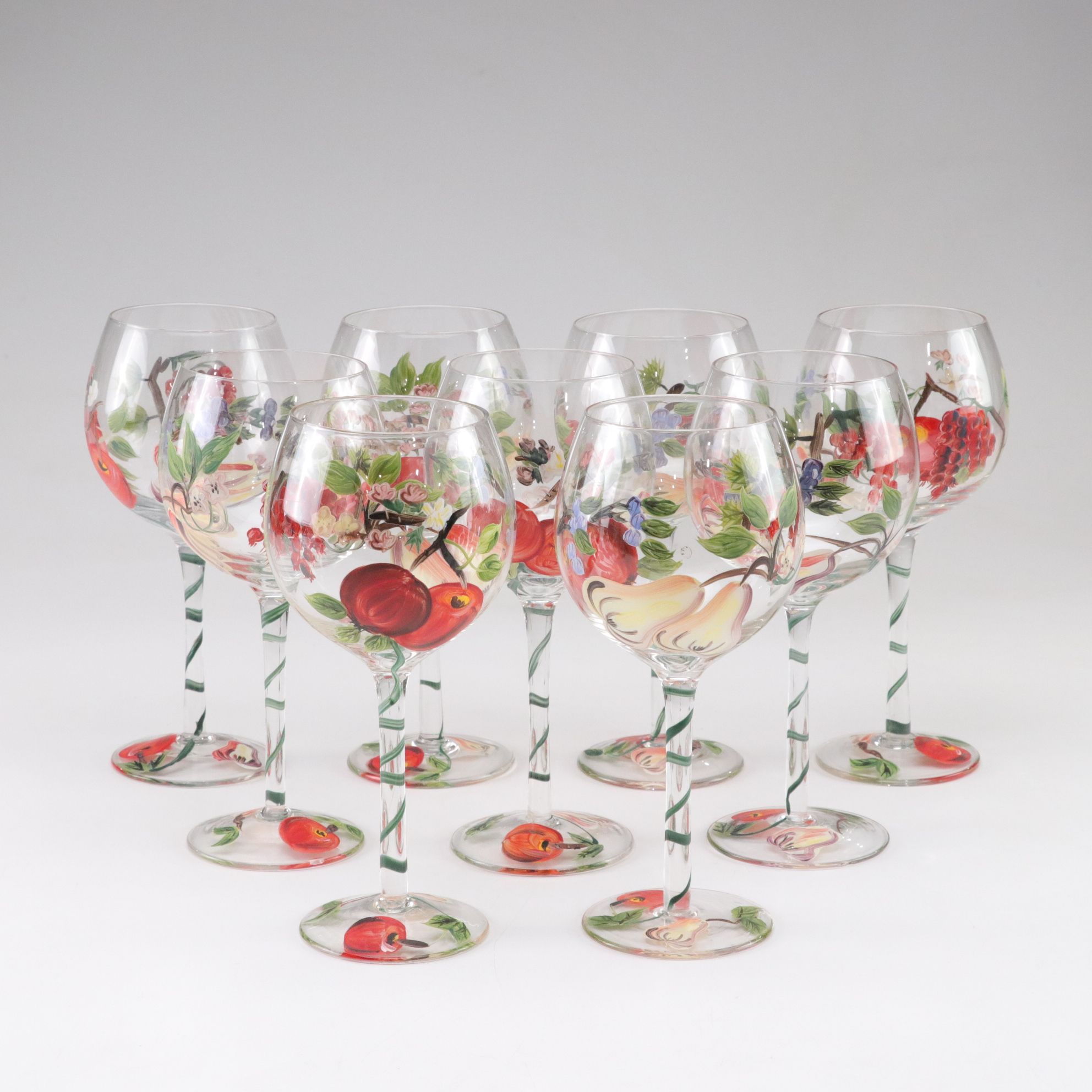 Glass Goblets with Hand Painted Fruit Decoration, Set of Nine