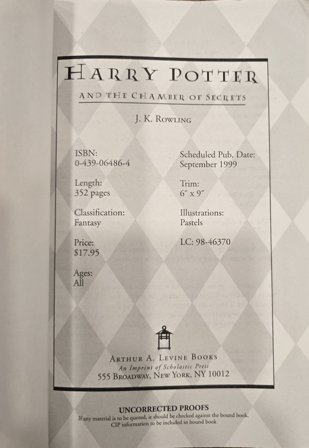 Advance Reader's Copy "Harry Potter and the Chamber of Secrets" by J. K. Rowling