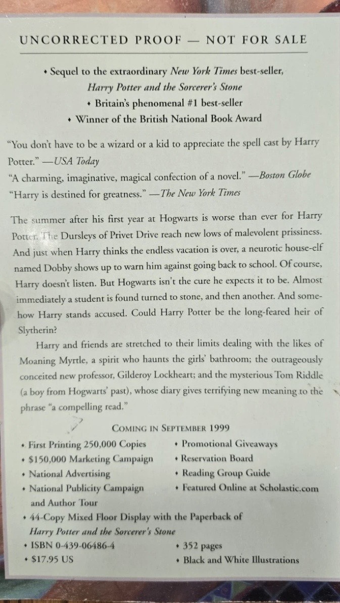Advance Reader's Copy "Harry Potter and the Chamber of Secrets" by J. K. Rowling