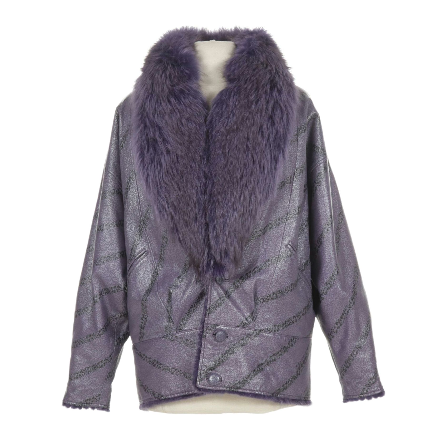 Reversible Purple Dyed Mink Fur and Leather Jacket with Fox Fur Collar