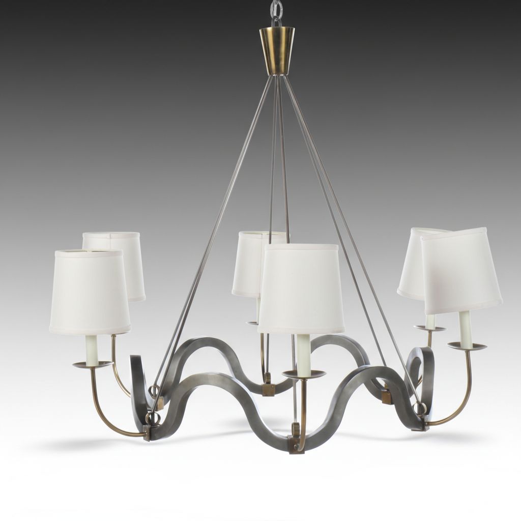 Niermann Weeks "Volute" Brass and Pewter Finish Chandelier, Clip-on Shades
