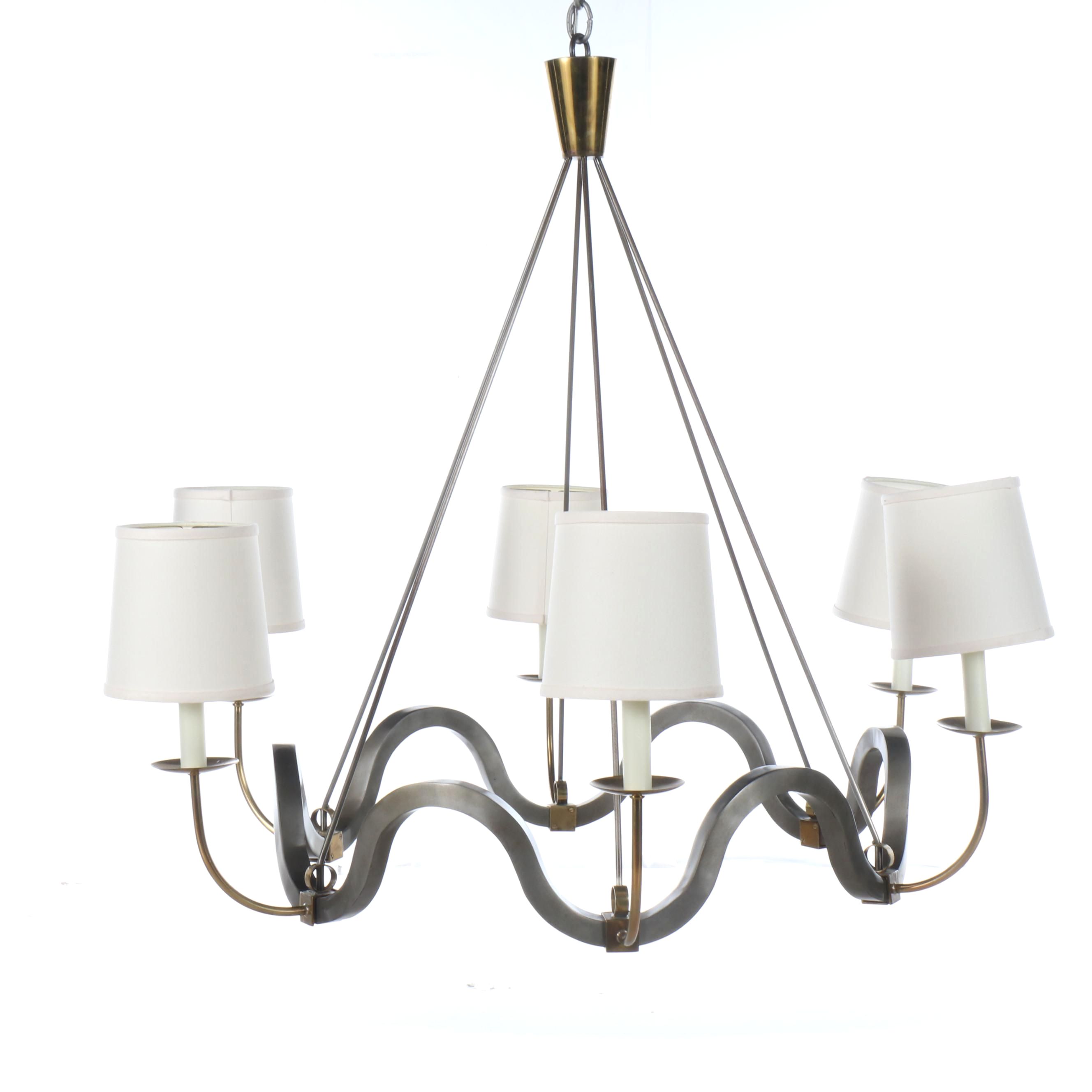 Niermann Weeks "Volute" Brass and Pewter Finish Chandelier, Clip-on Shades