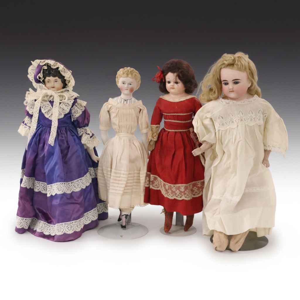 German Bisque Lady Doll with Molded Blonde Hair and Collar with Other Dolls