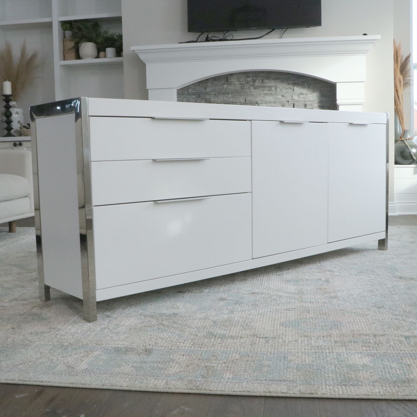 Moe’s Home Collection "Neo" White Lacquered Sideboard with Stainless Steel Frame