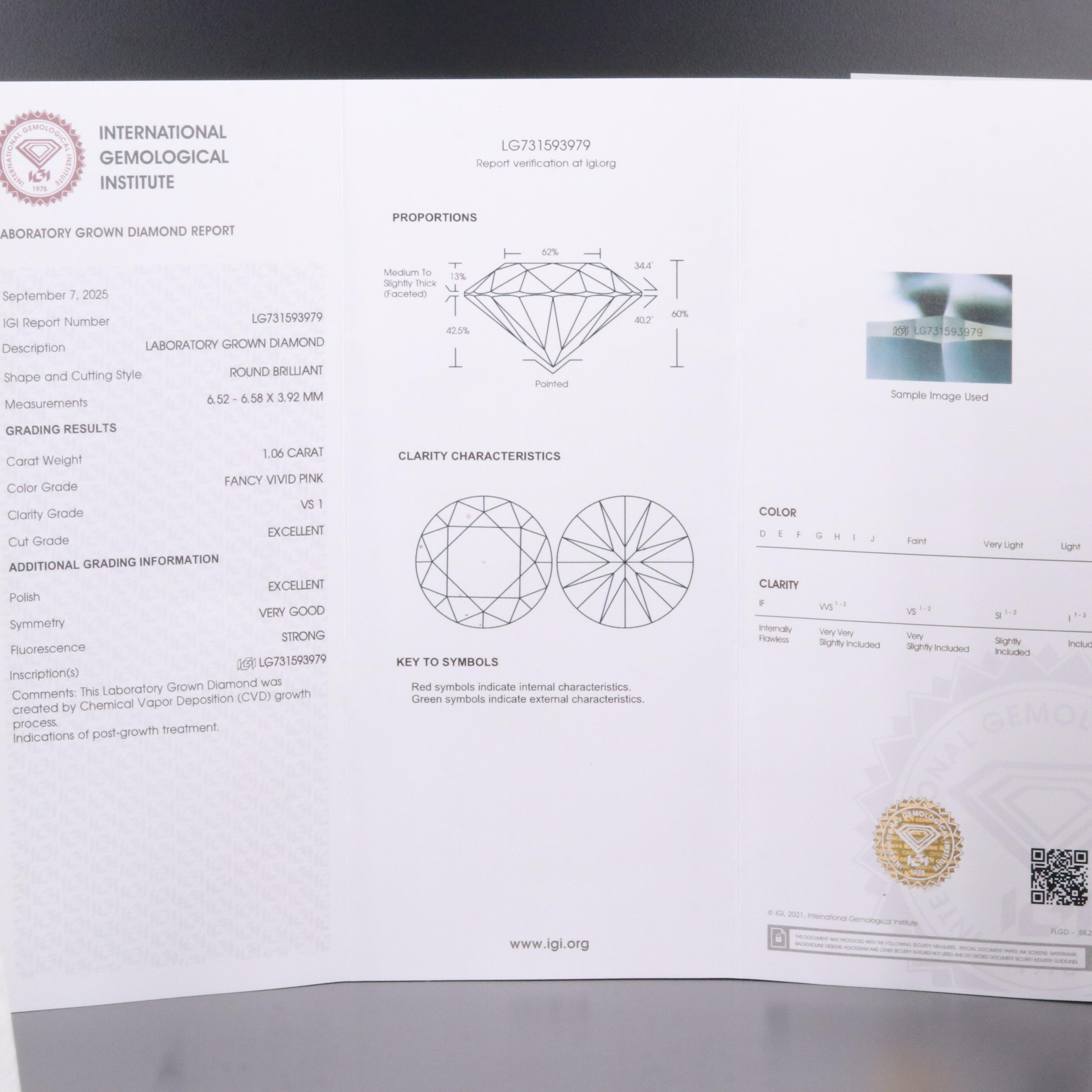 Loose 1.06 CT Lab Grown Fancy Pink Diamond with IGI Report