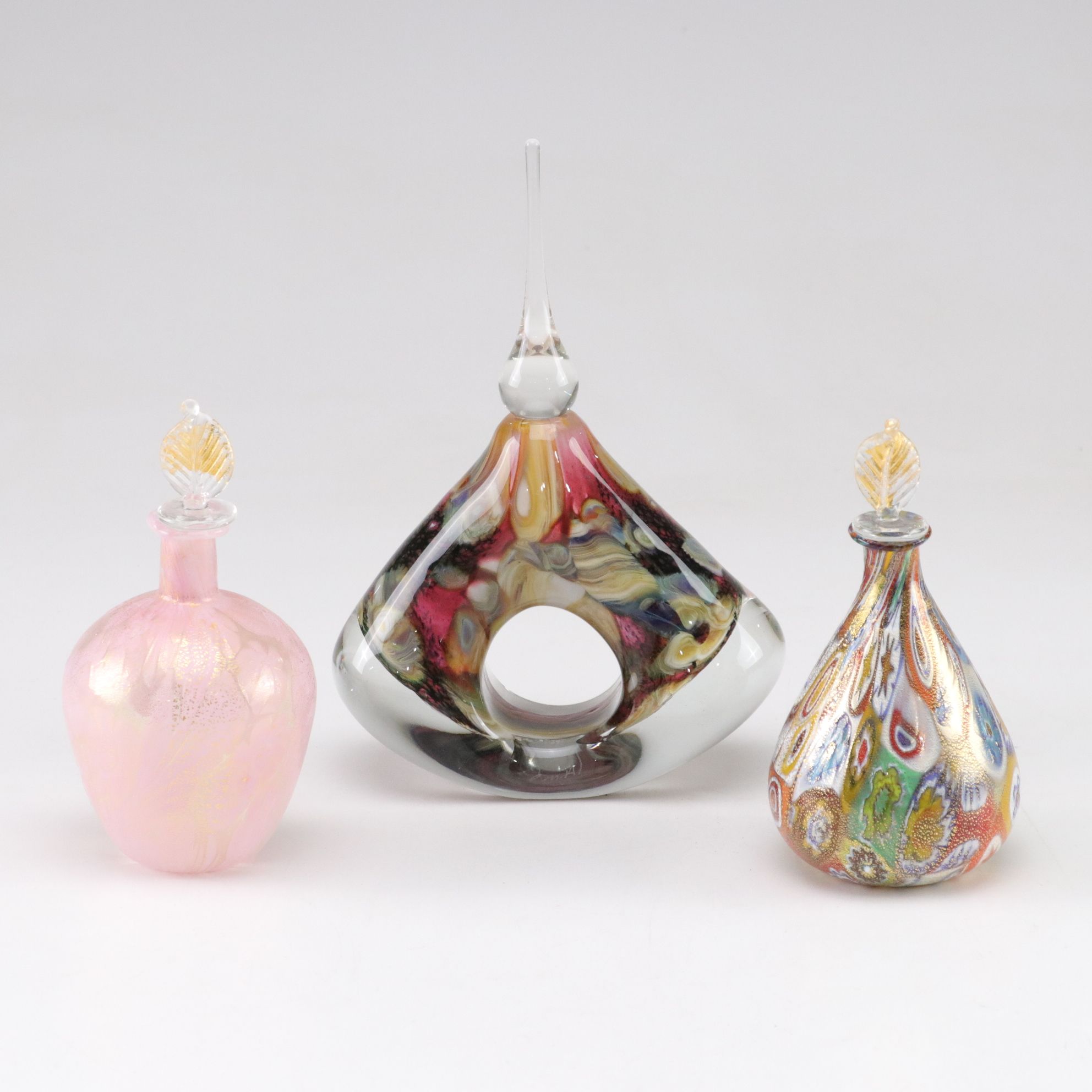 Robert Eickholt Art Glass Perfume Bottle with Two Murano Glass Perfumes