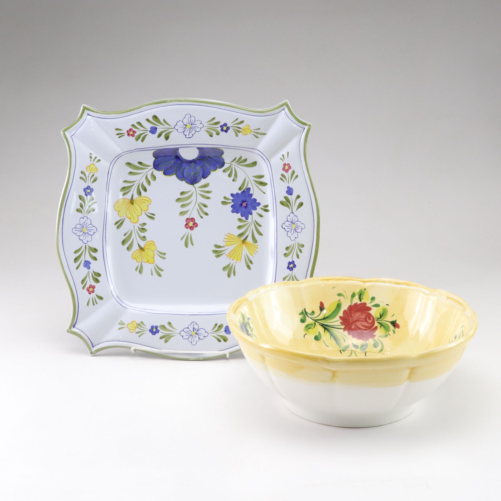 Italian Hand-Decorated Ceramic Platter and Salad Bowl