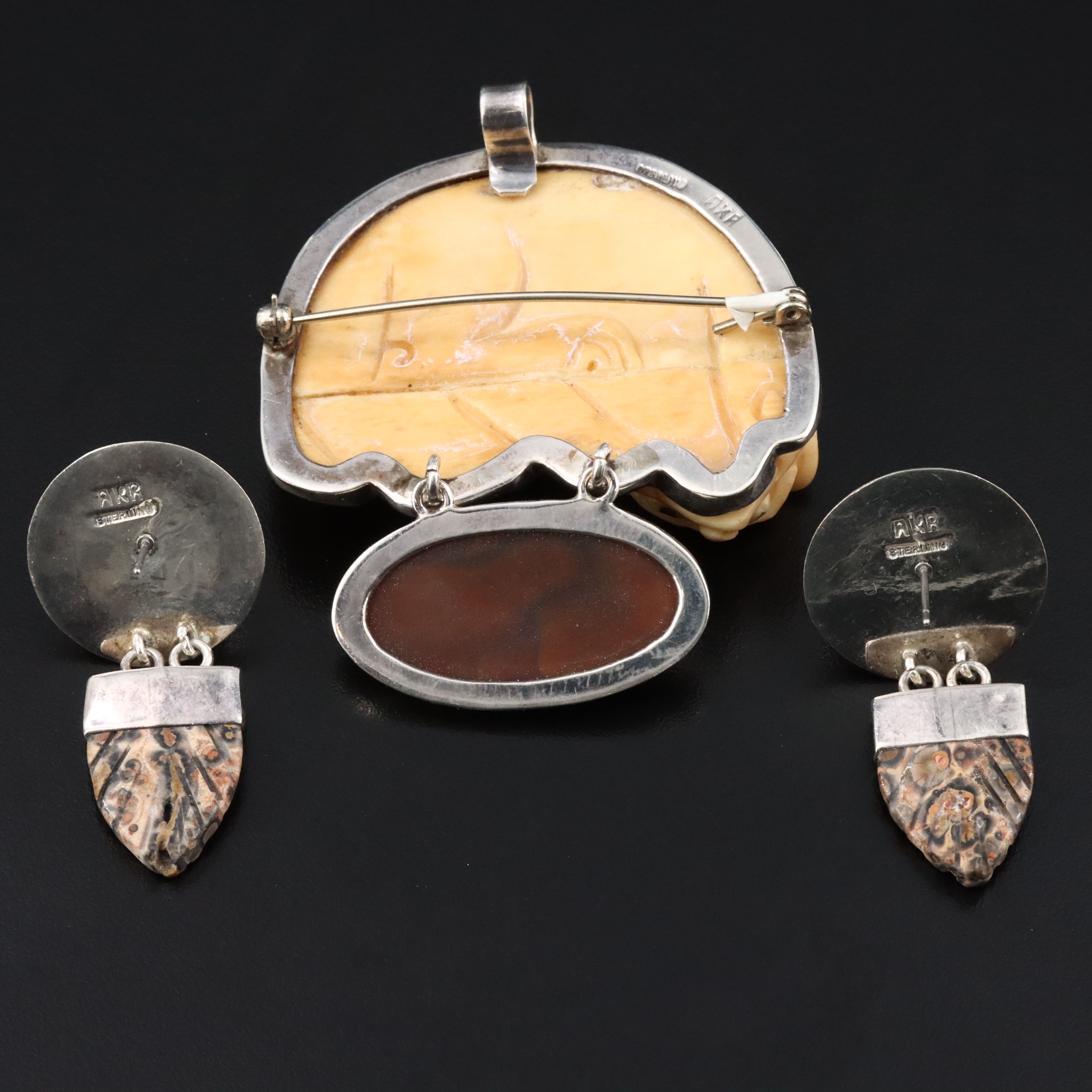 Amy Kahn Russell Sterling Carved Bone Converter Dog Brooch & Cat Earrings