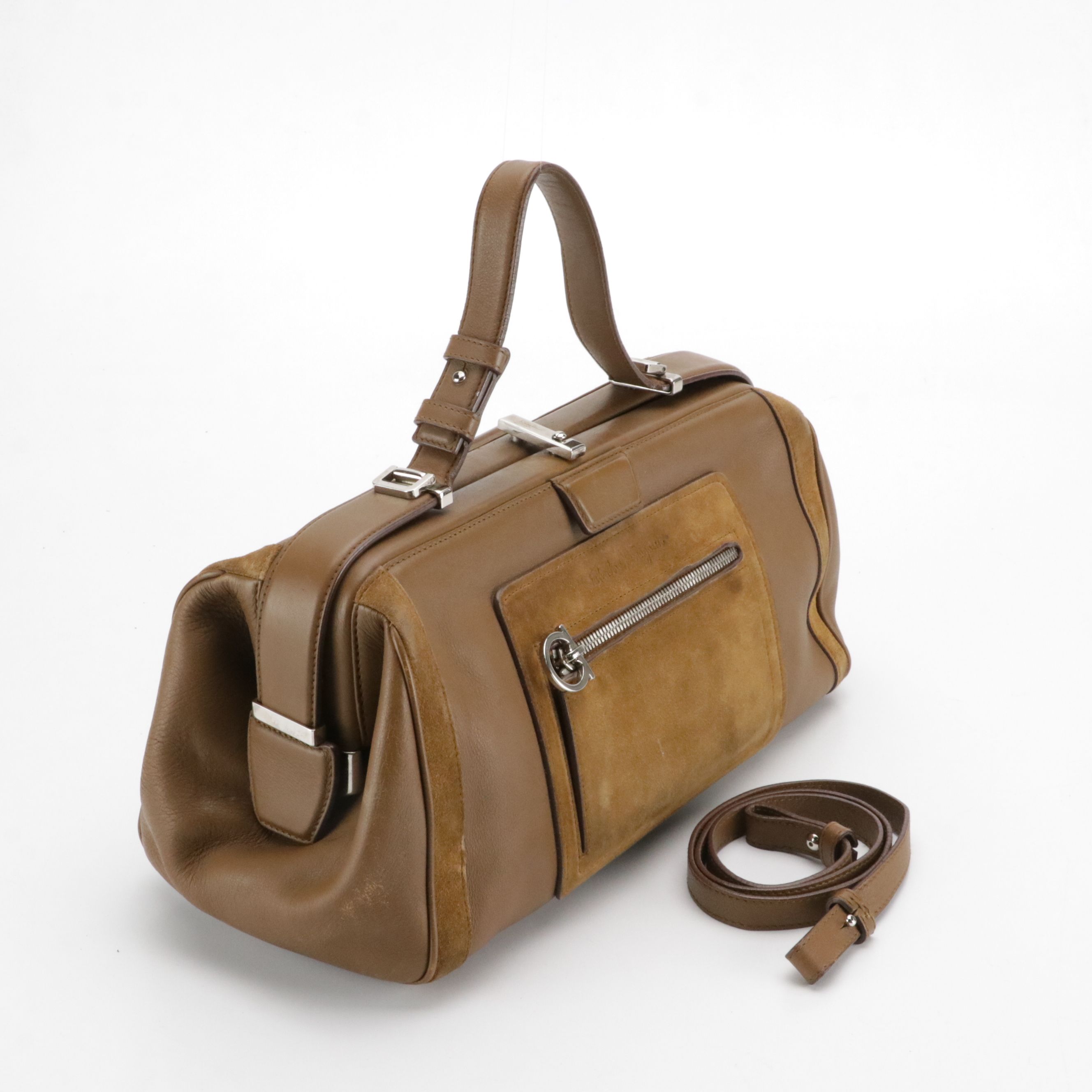 Salvatore Ferragamo Doctor's Top Handle Two-Way Bag in Brown Suede and Leather
