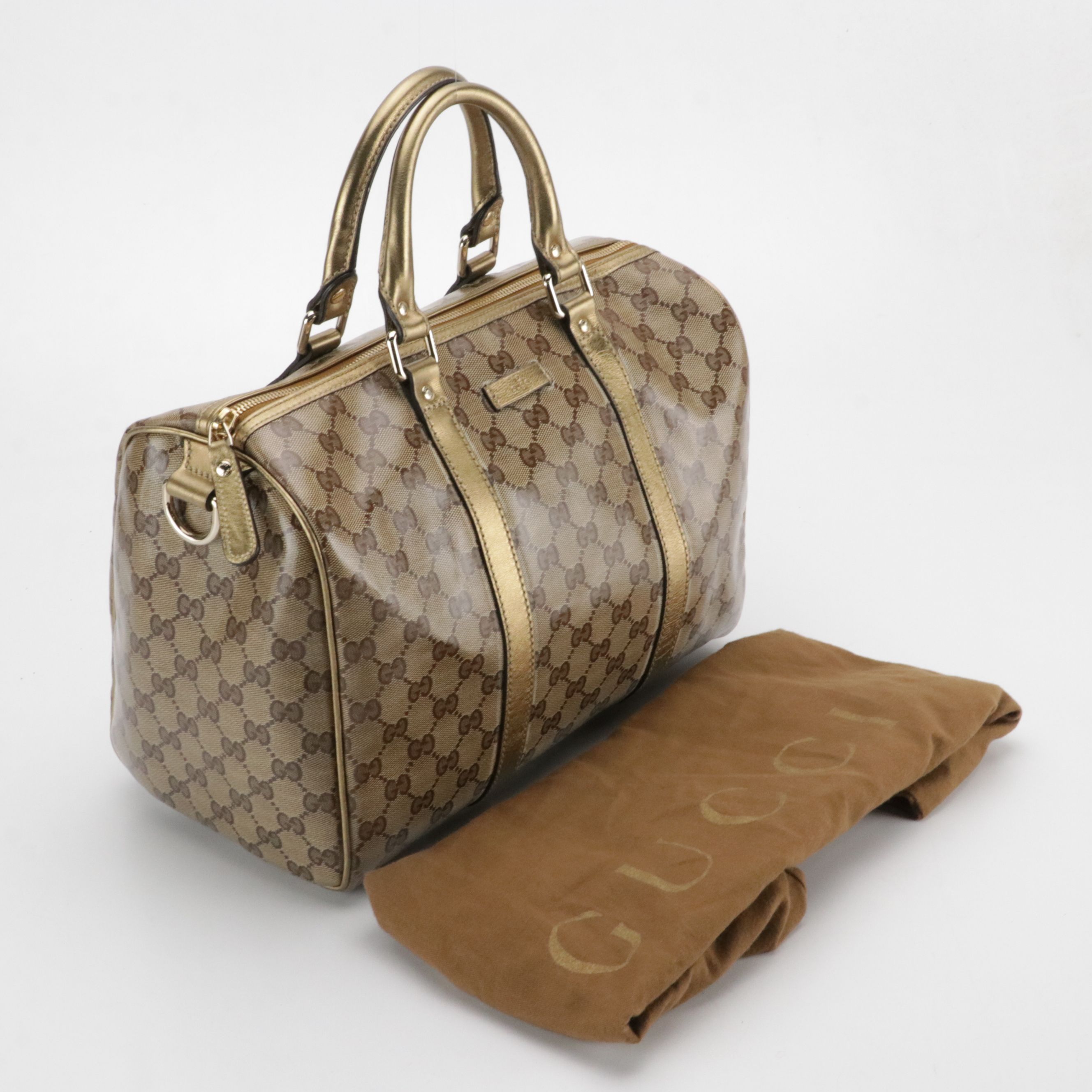 Gucci Joy Boston Bag in GG Crystal Canvas and Metallic Gold Leather Trim