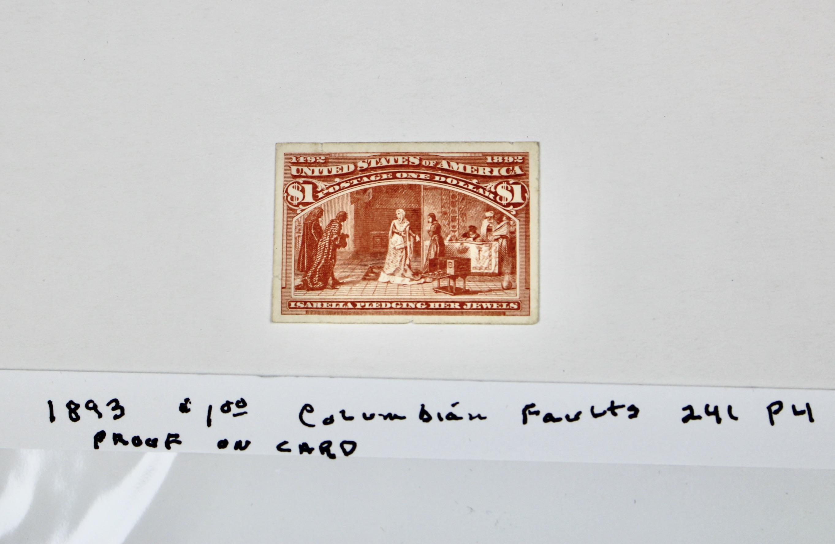 1893 Columbian Exposition $1 Proof Postage Stamp on Card, Scott 241 P4