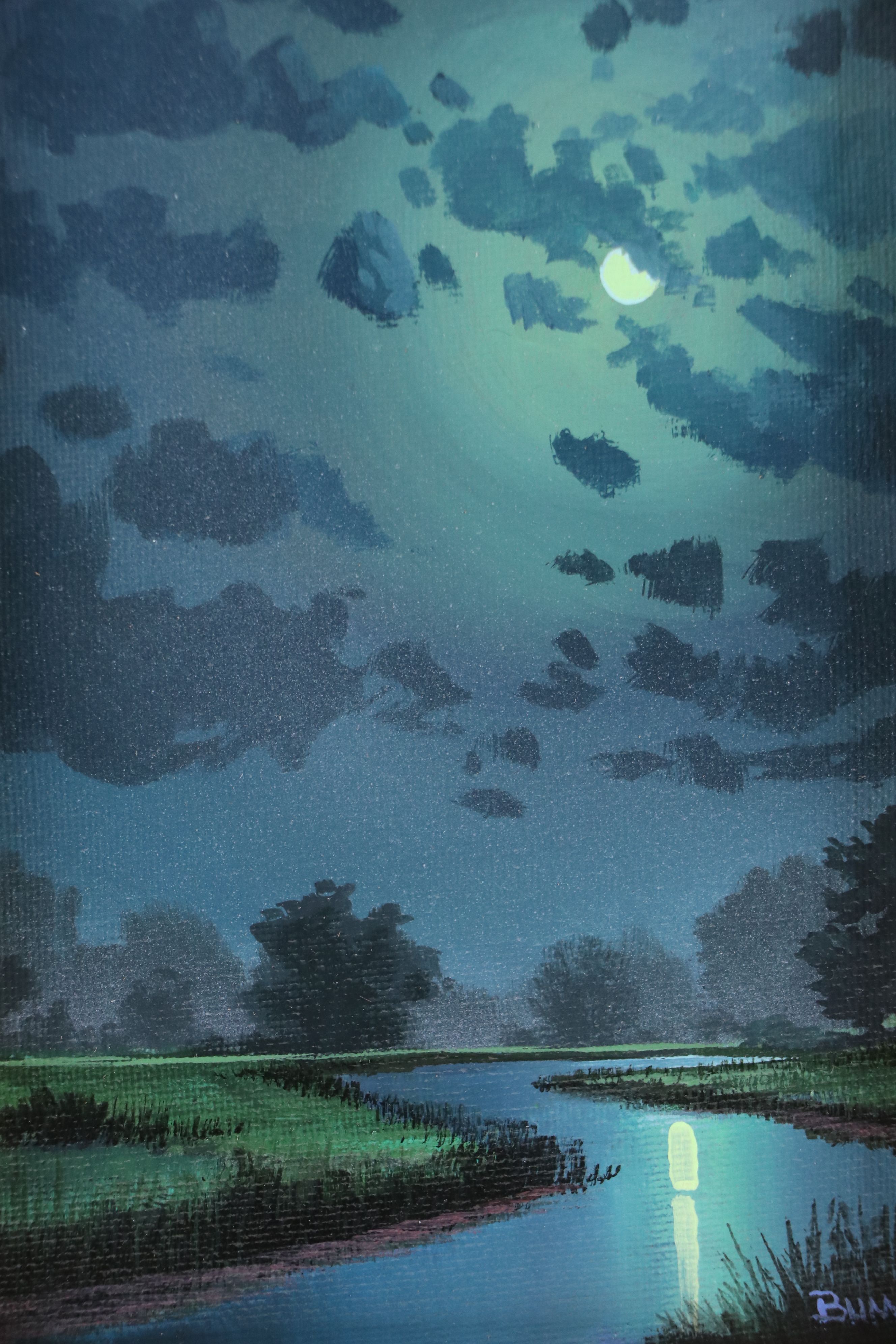 Douglas "Bumo" Johnpeer Acrylic Nocturne Landscape Painting, 2024