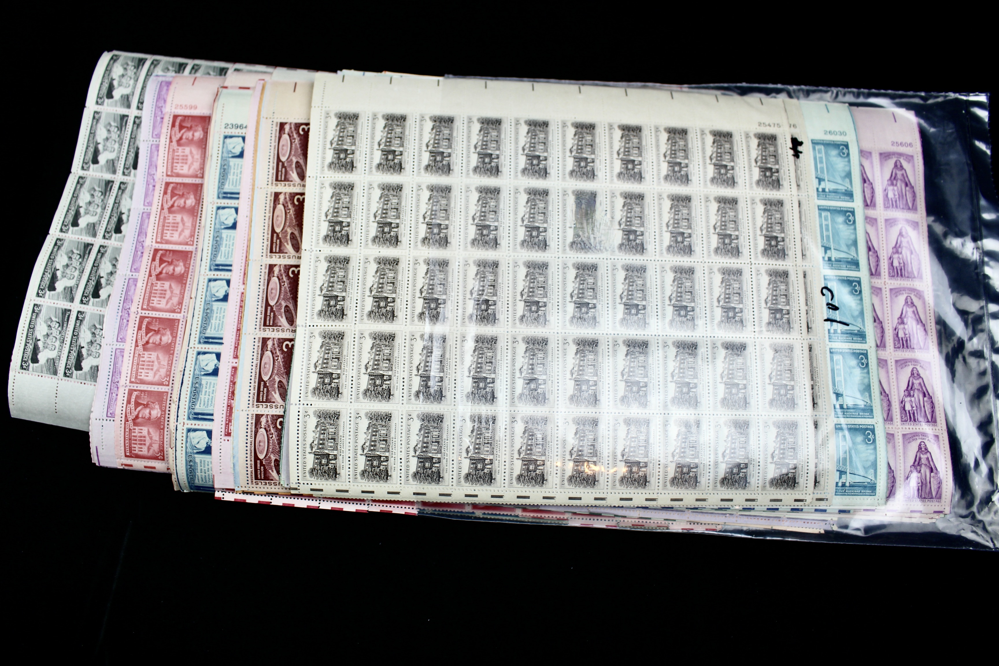 100 U.S. 3-Cent Postage Stamp Sheets, 1940s to 1950s