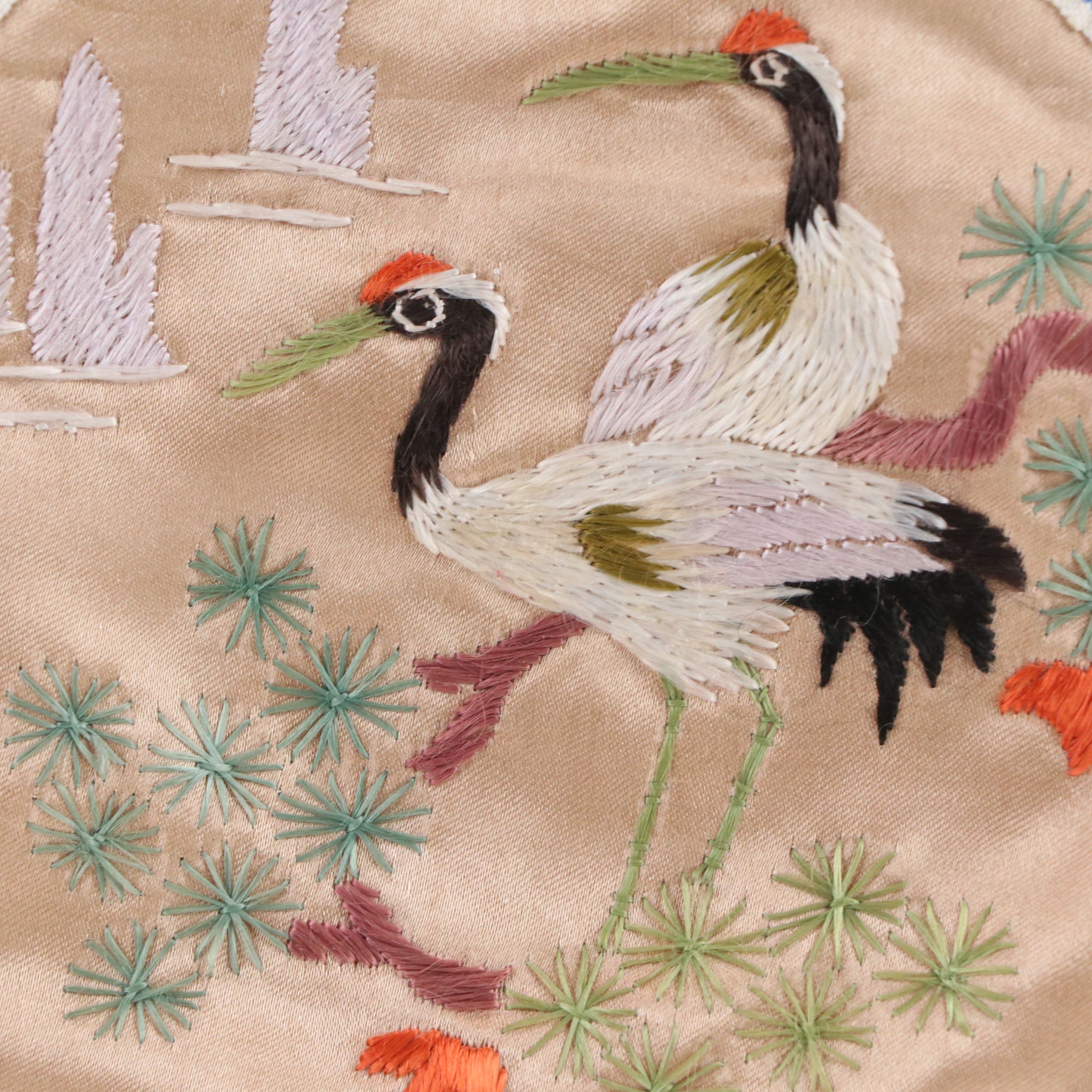 Chinese School Silk Embroidery Panel of Two Cranes