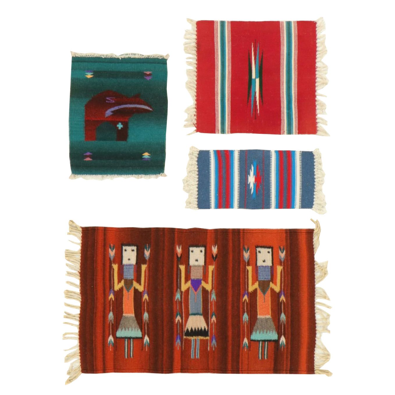 Four Southwestern Style Woven Small Accent Rugs and Floor Mats