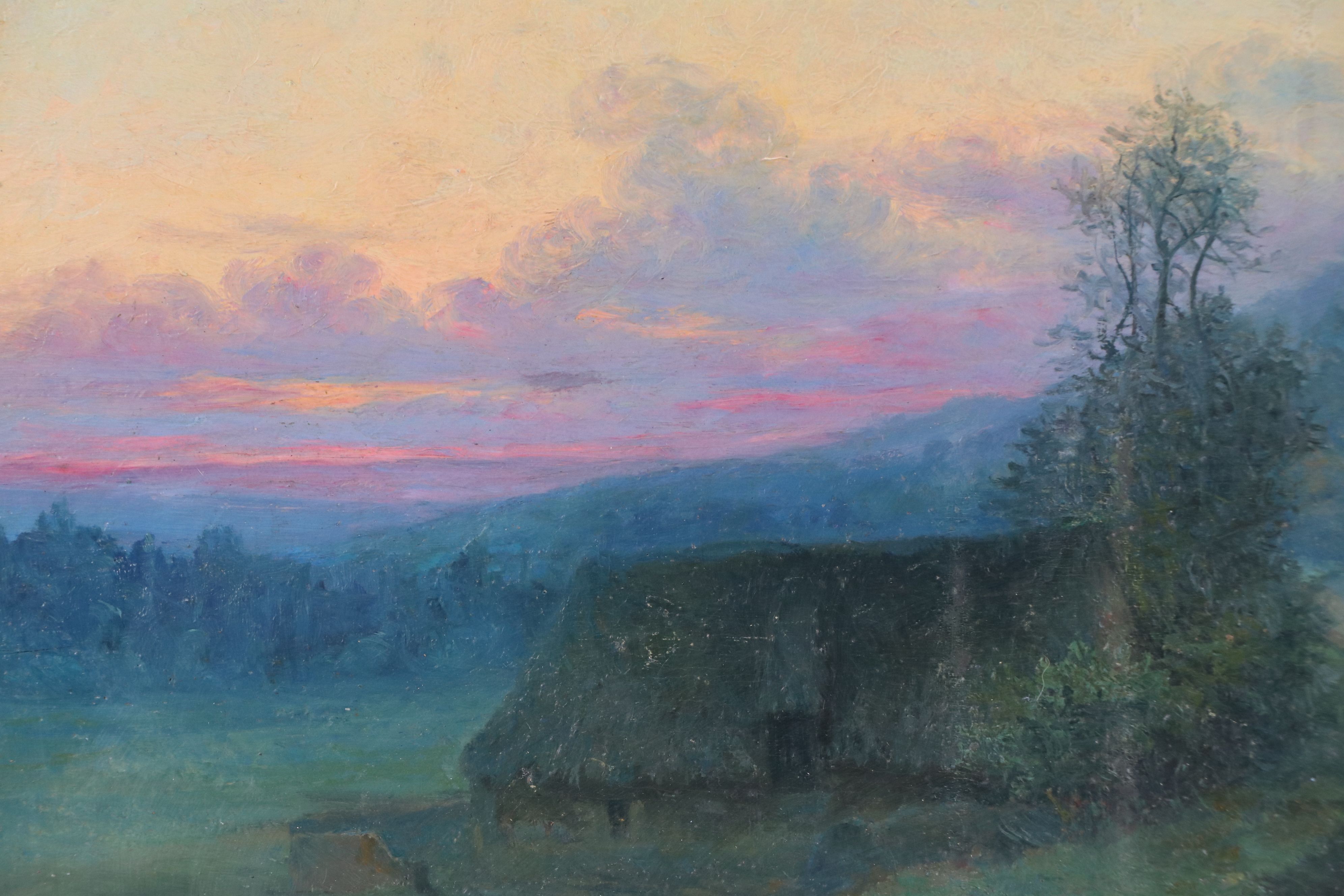 Eugene di Marzo Landscape Oil Painting of Country Road at Sunset, 19th Century