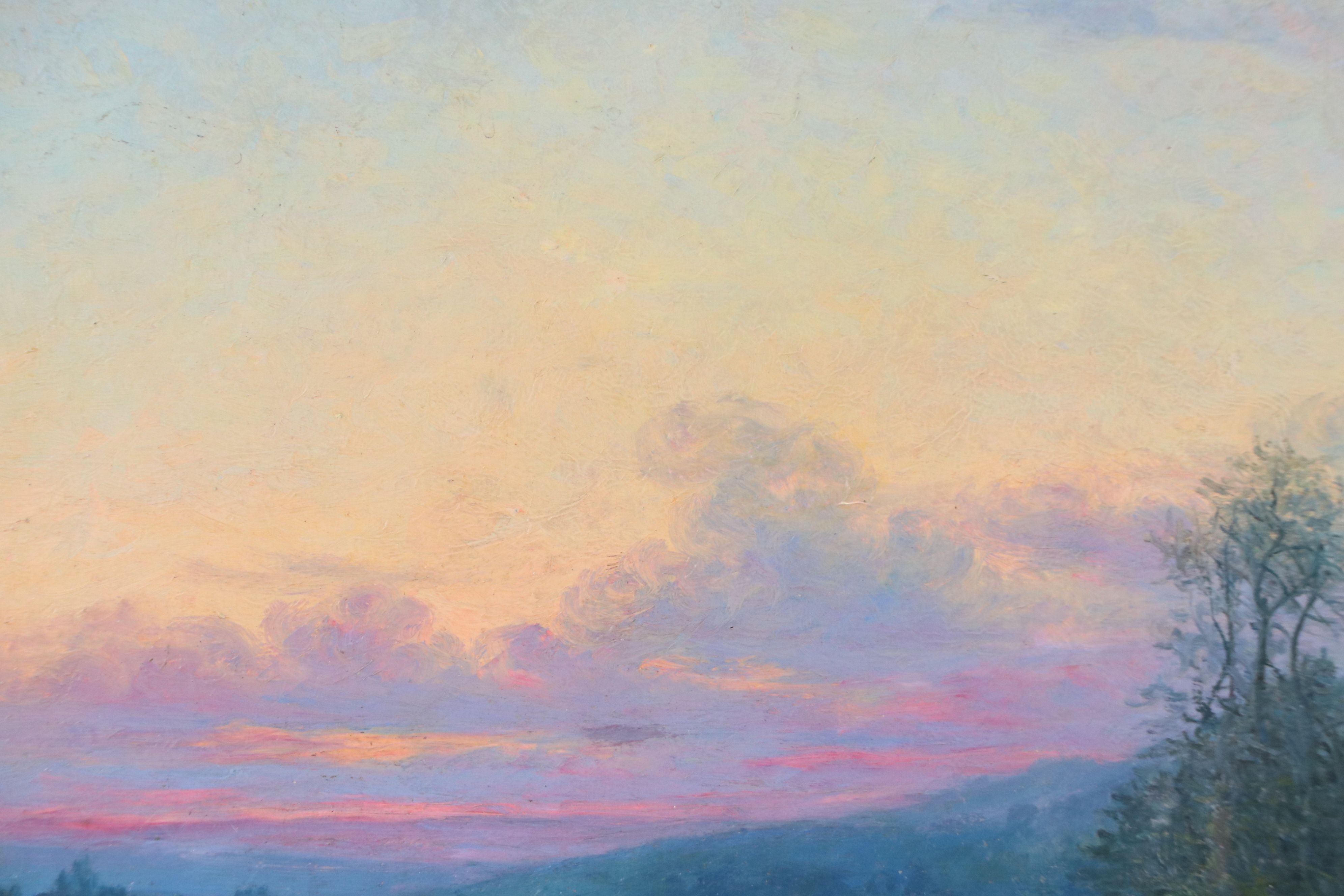 Eugene di Marzo Landscape Oil Painting of Country Road at Sunset, 19th Century