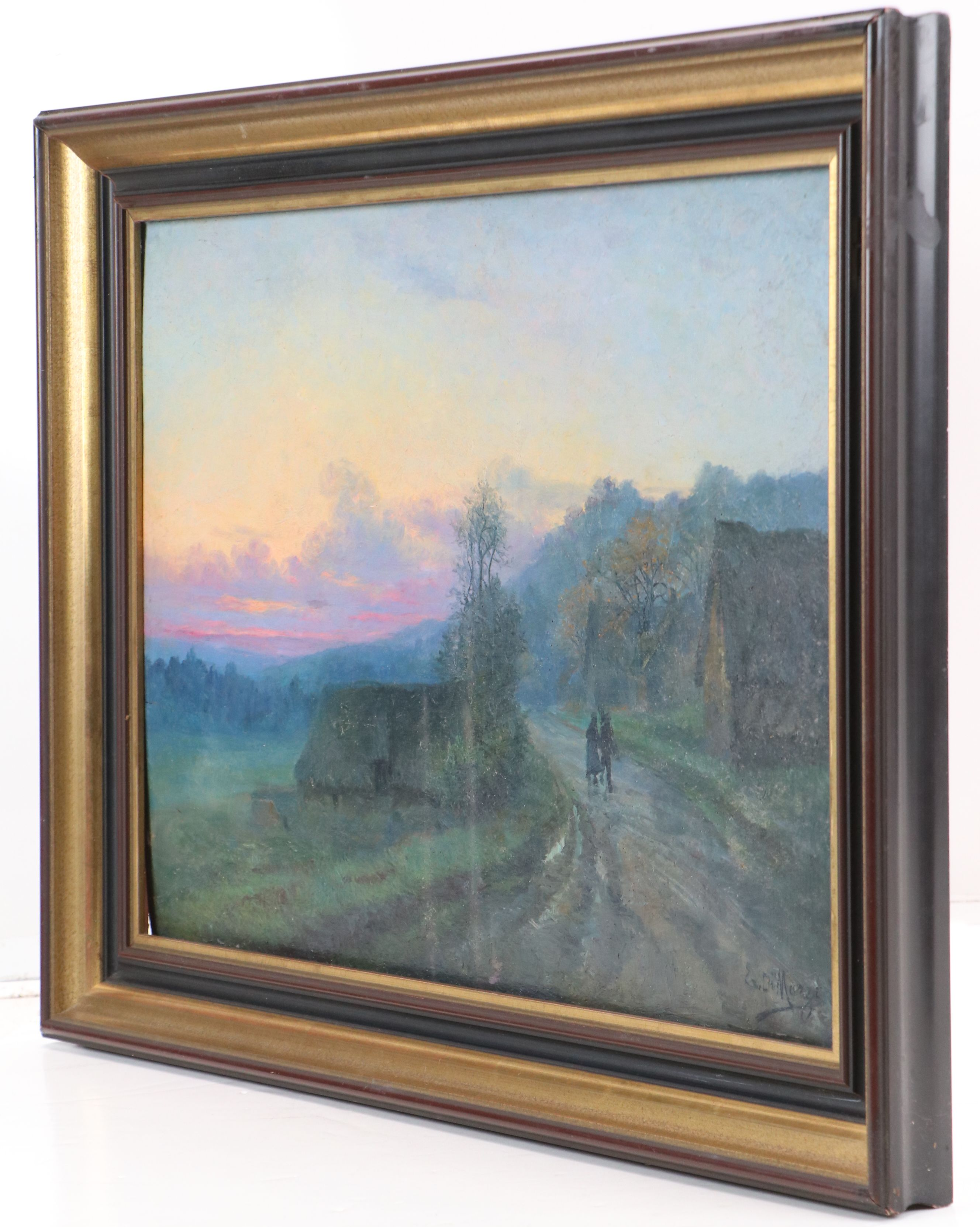 Eugene di Marzo Landscape Oil Painting of Country Road at Sunset, 19th Century