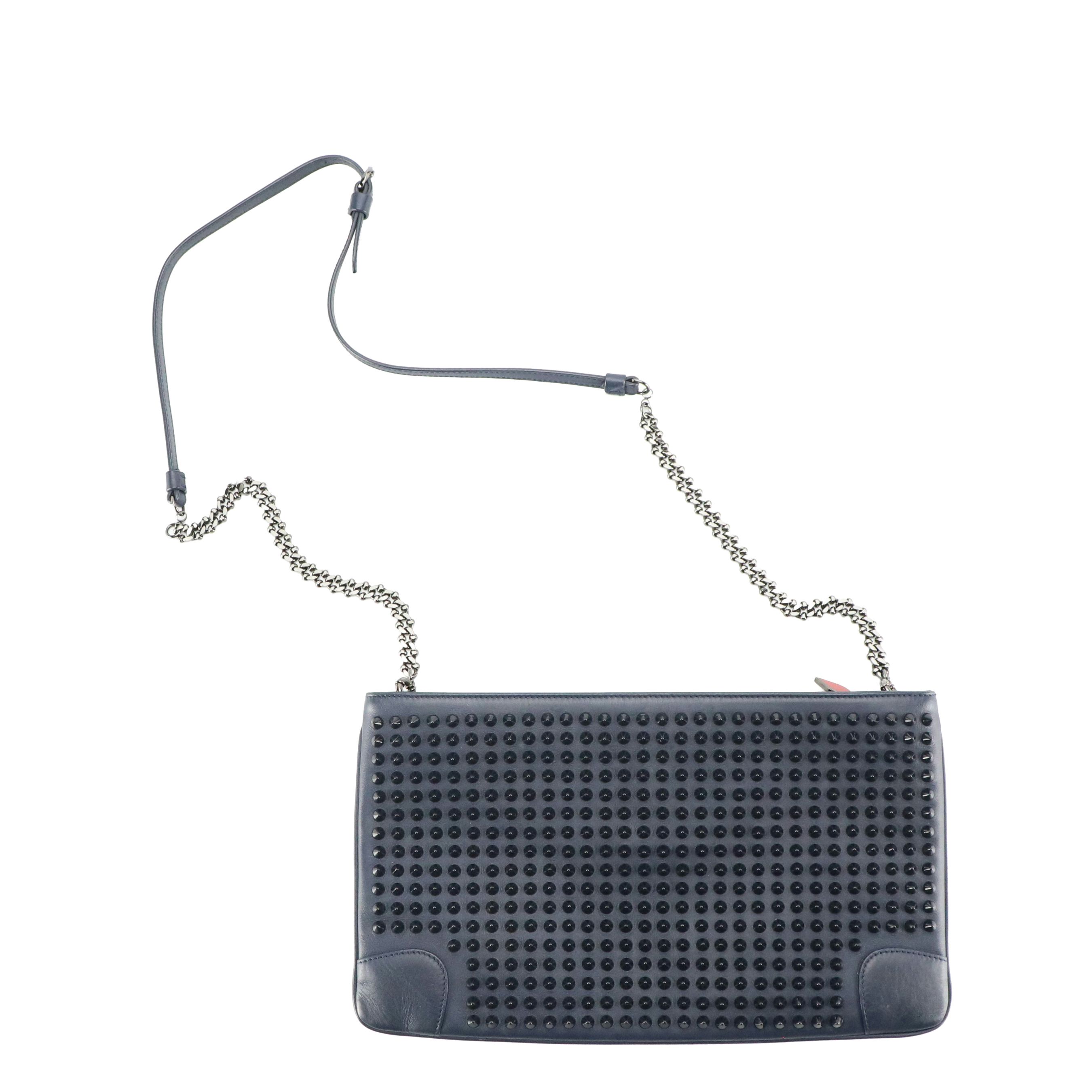 Christian Louboutin Spiked Navy Leather Clutch Bag with Chain-Link Strap