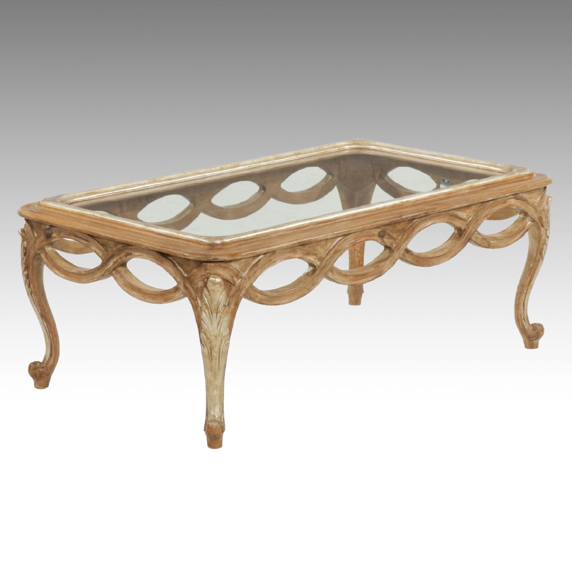 Decorative Crafts Italian Carved Wood Glass-Top Coffee Table, 21st Century