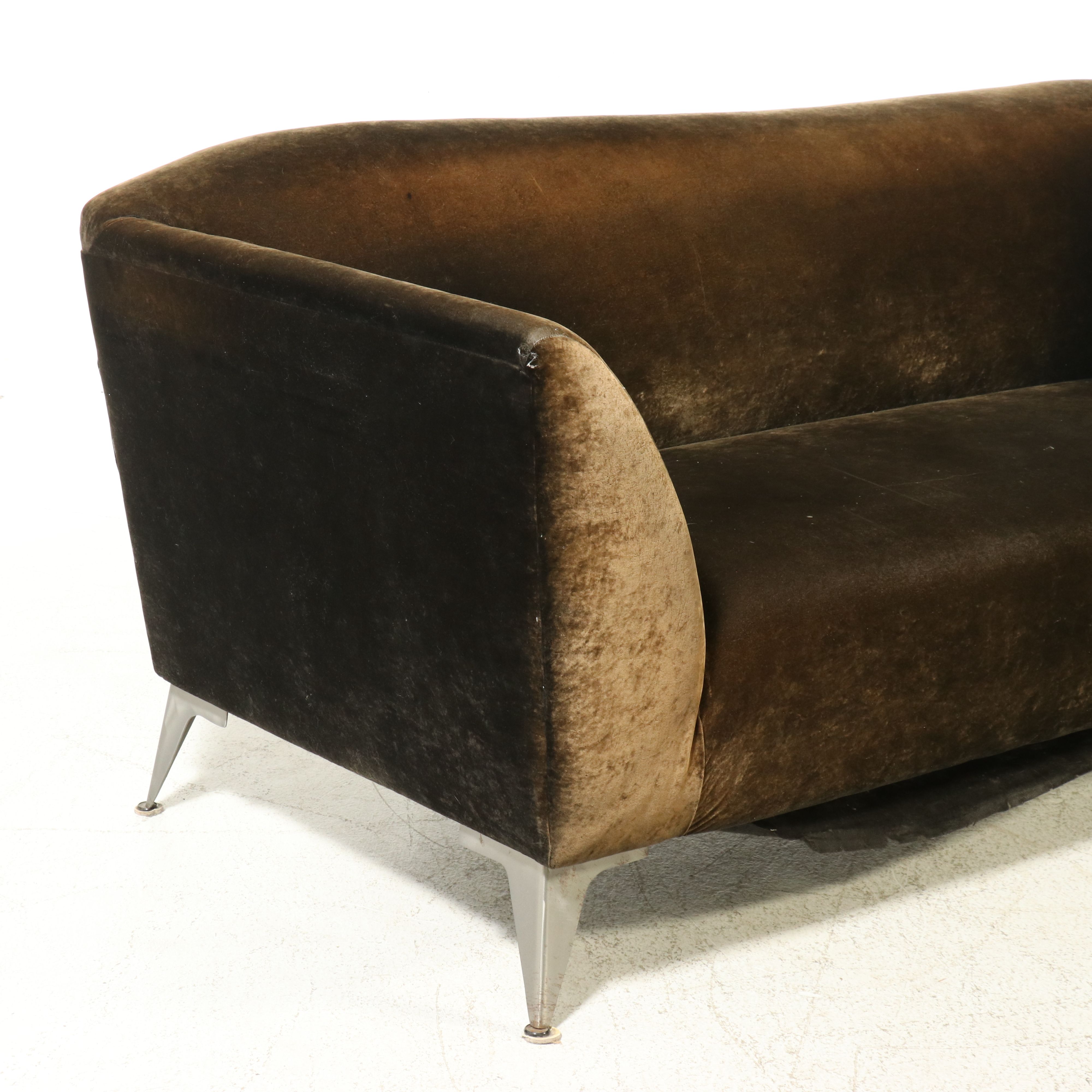 Mid Century Modern Velvet Sofa with Cast Aluminum Legs, Mid-20th Century