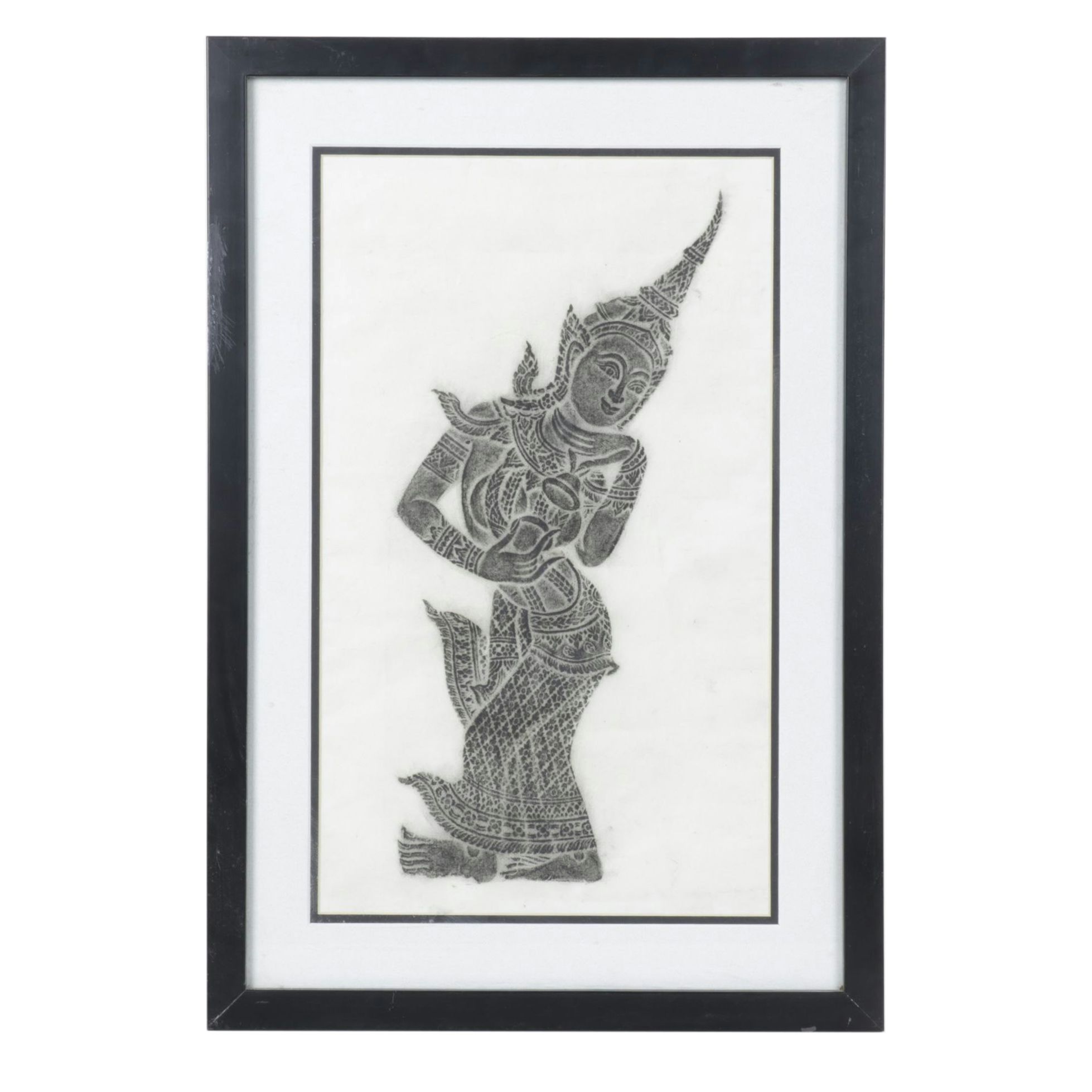 Thai Temple Charcoal Rubbing of Deity Figure on Rice Paper, Mid-20th Century
