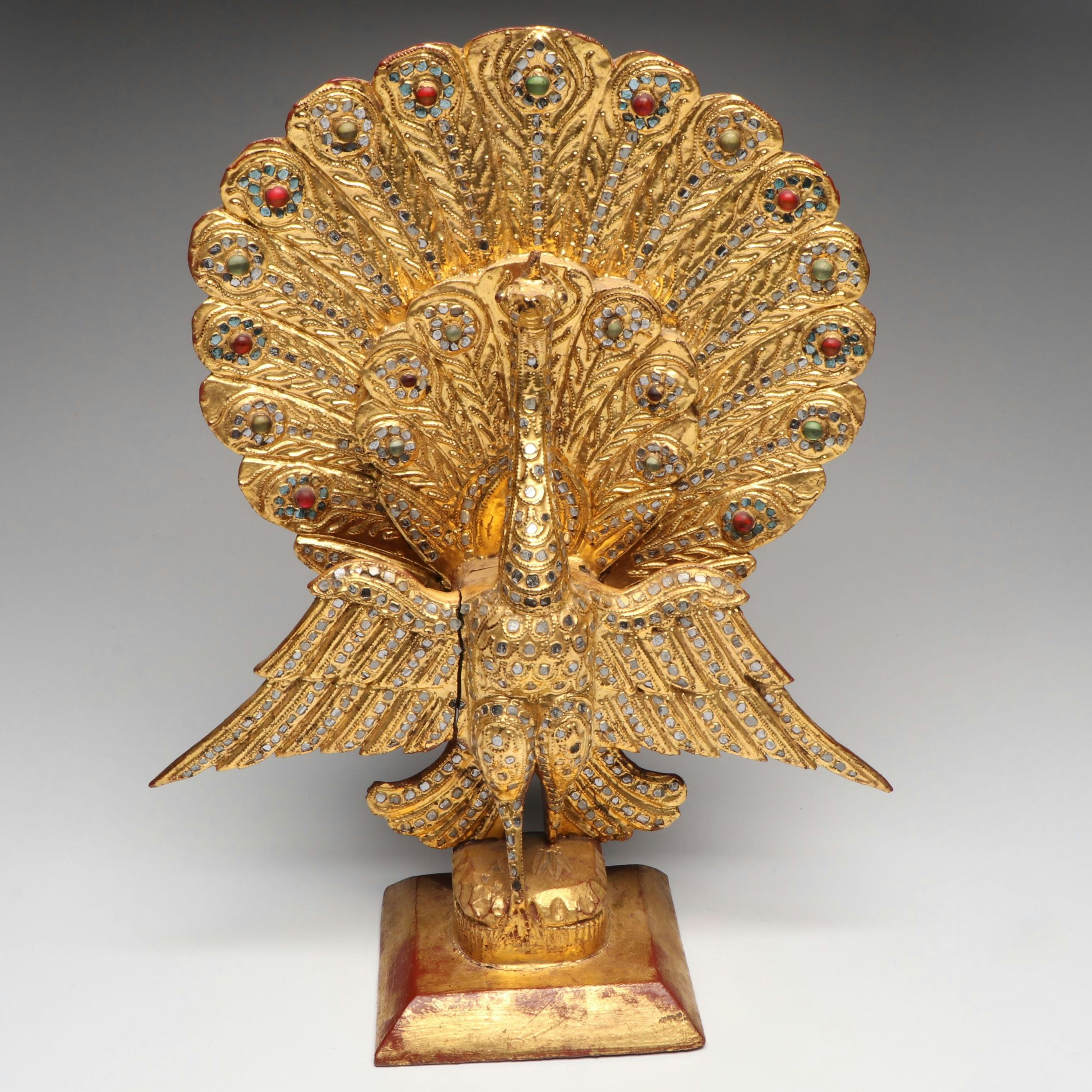 Burmese Giltwood Peacock Statue with Glass Embellishments