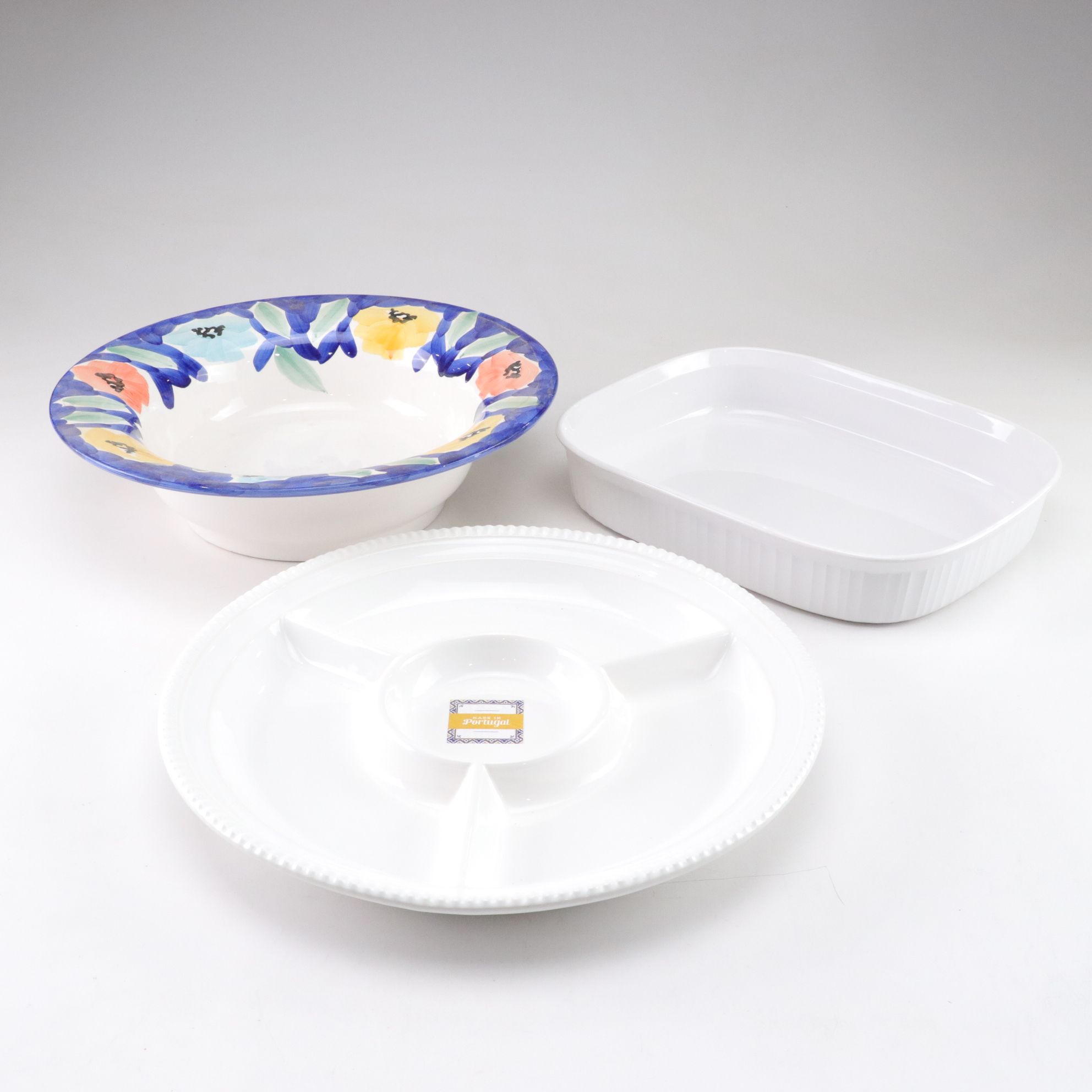 Corning "French White" Lasagne Dish With Ceramic Relish Tray and Serving Bowl