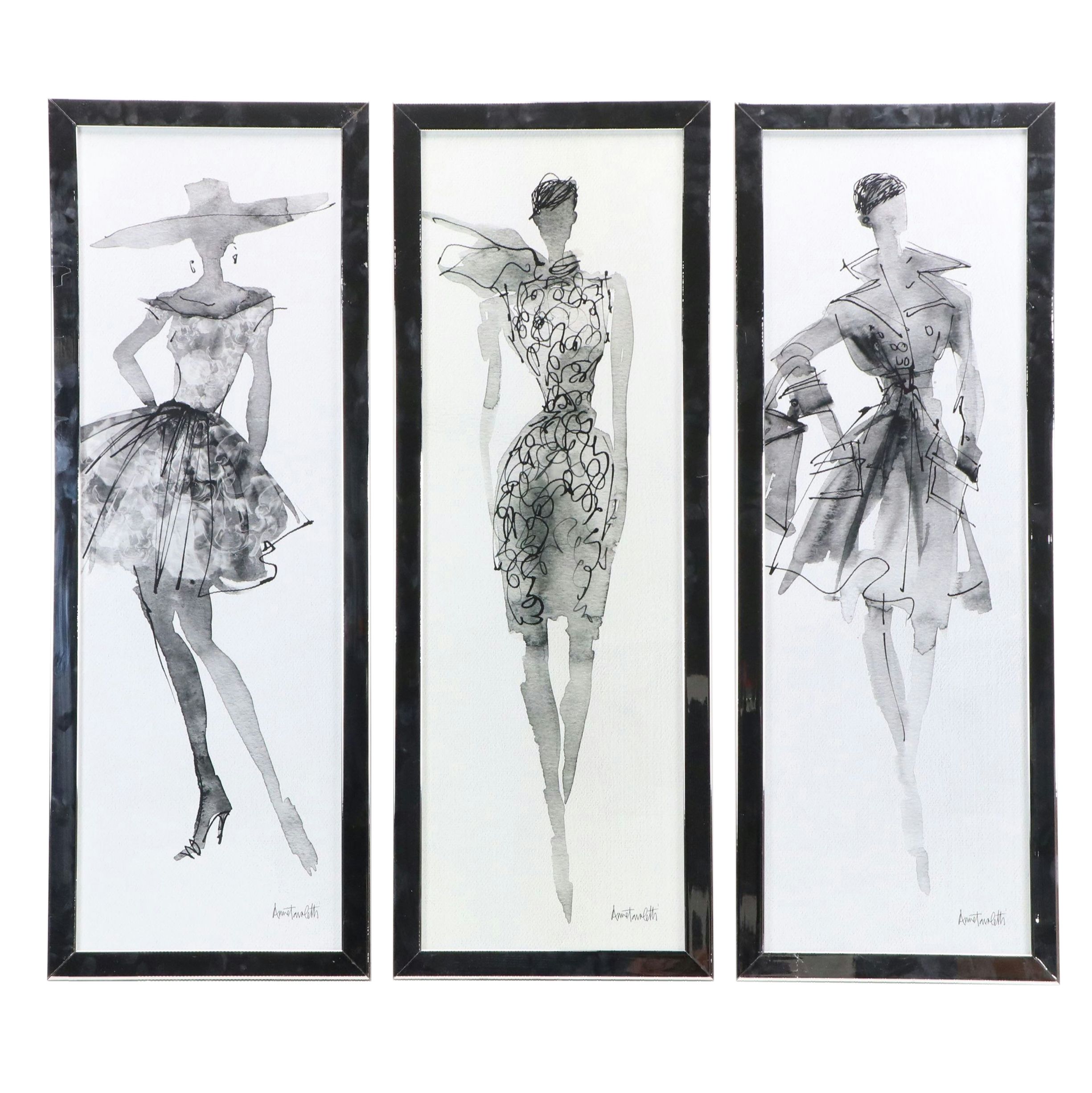 Offset Lithographs of Fashion Sketches After Anne Tavoletti, 21st Century