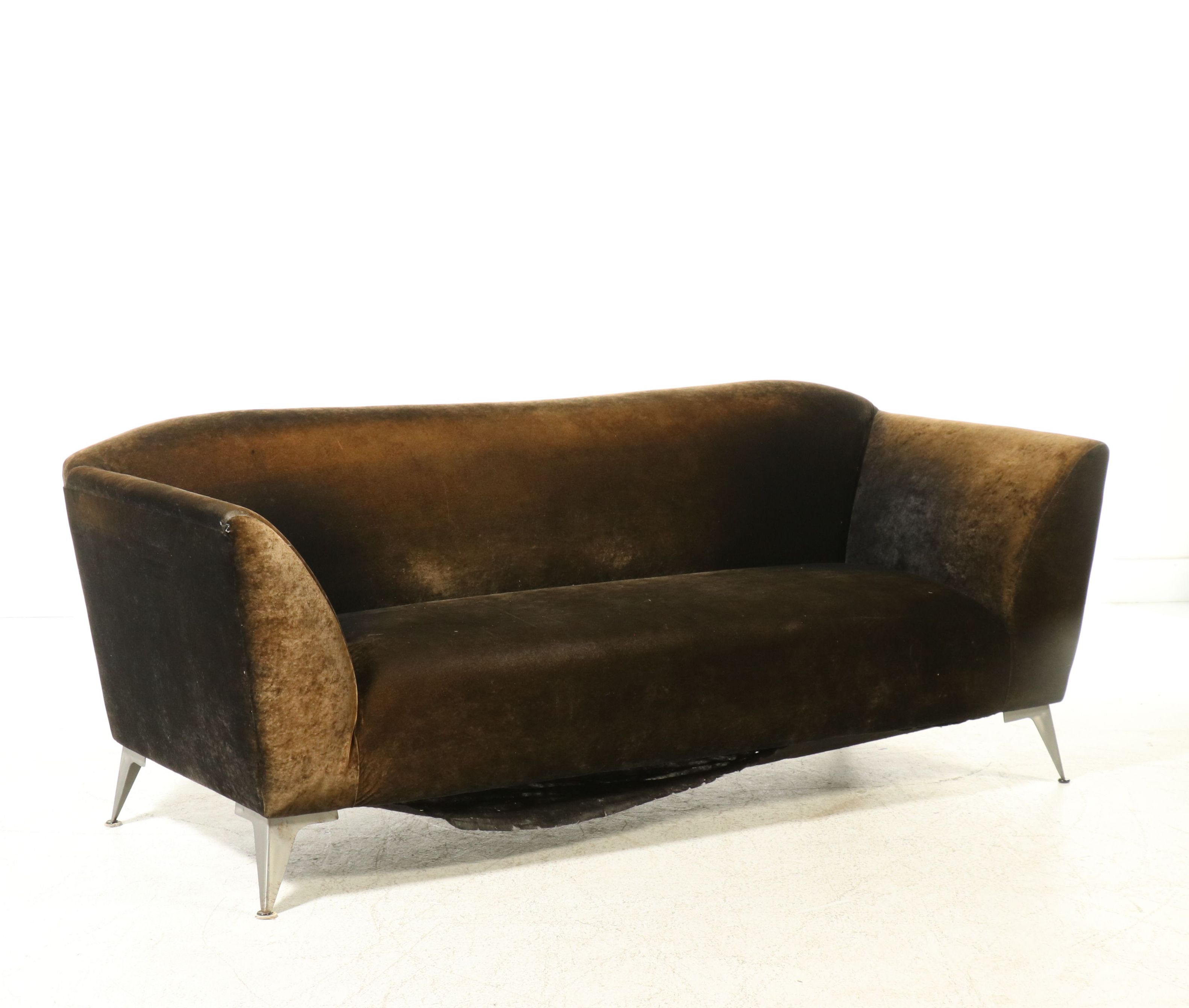Mid Century Modern Velvet Sofa with Cast Aluminum Legs, Mid-20th Century