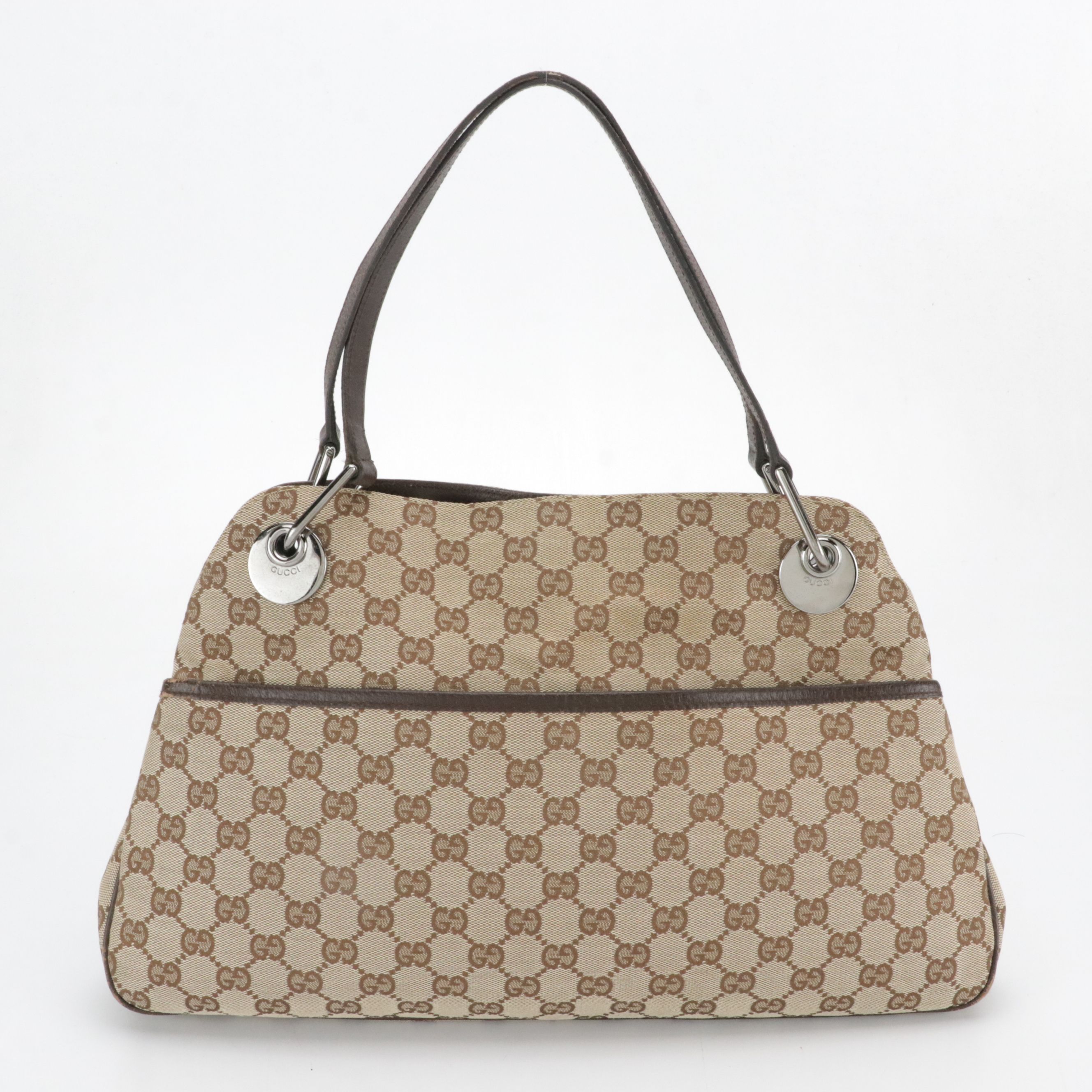 Gucci Eclipse Shoulder Bag in GG Jacquard Canvas and Brown Leather